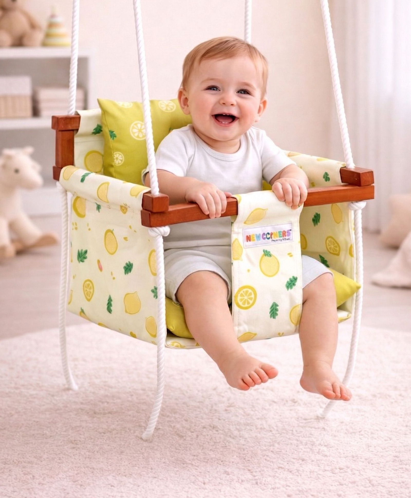 New Comers Garden Swing for Kids with 2 Pillows Check Print - Grey White-image-3