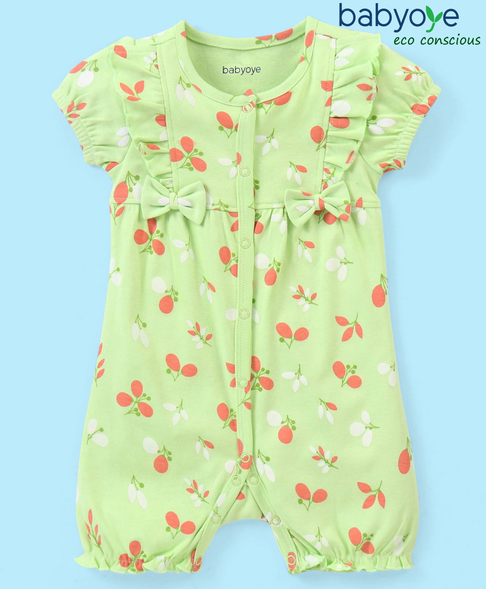 Babyoye Eco Conscious Cotton Eco Jiva Half Sleeves Romper with Bow Applique Floral Print - Green-image-35