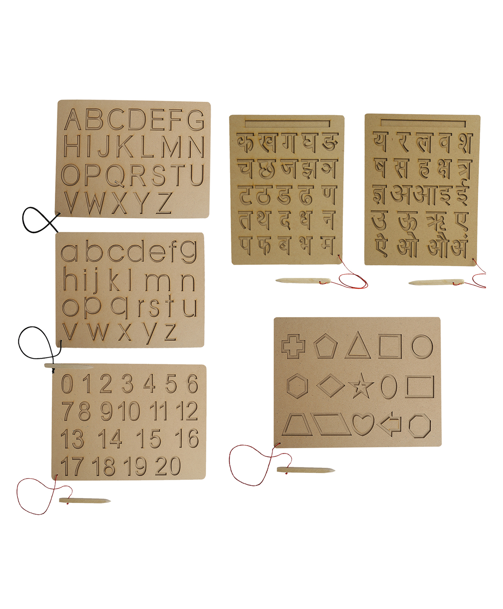 Mindmaker Wooden Tracing Slate Writing Practice Board with Dummy Pencil Set of 6 Board Capital Alphabets Small Alphabets Numbers Hindi Vowel & Consonants and Shapes - Brown-picture-16