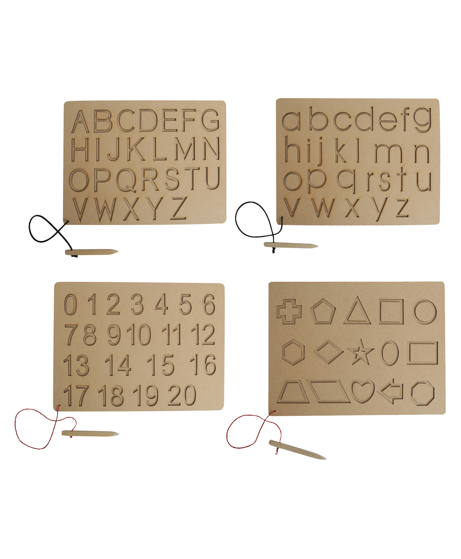 Mindmaker Wooden Tracing Slate Writing Practice Board with Dummy Pencil Set of 4 Board Capital Alphabets Small Alphabets Numbers Shapes - Brown-image-40