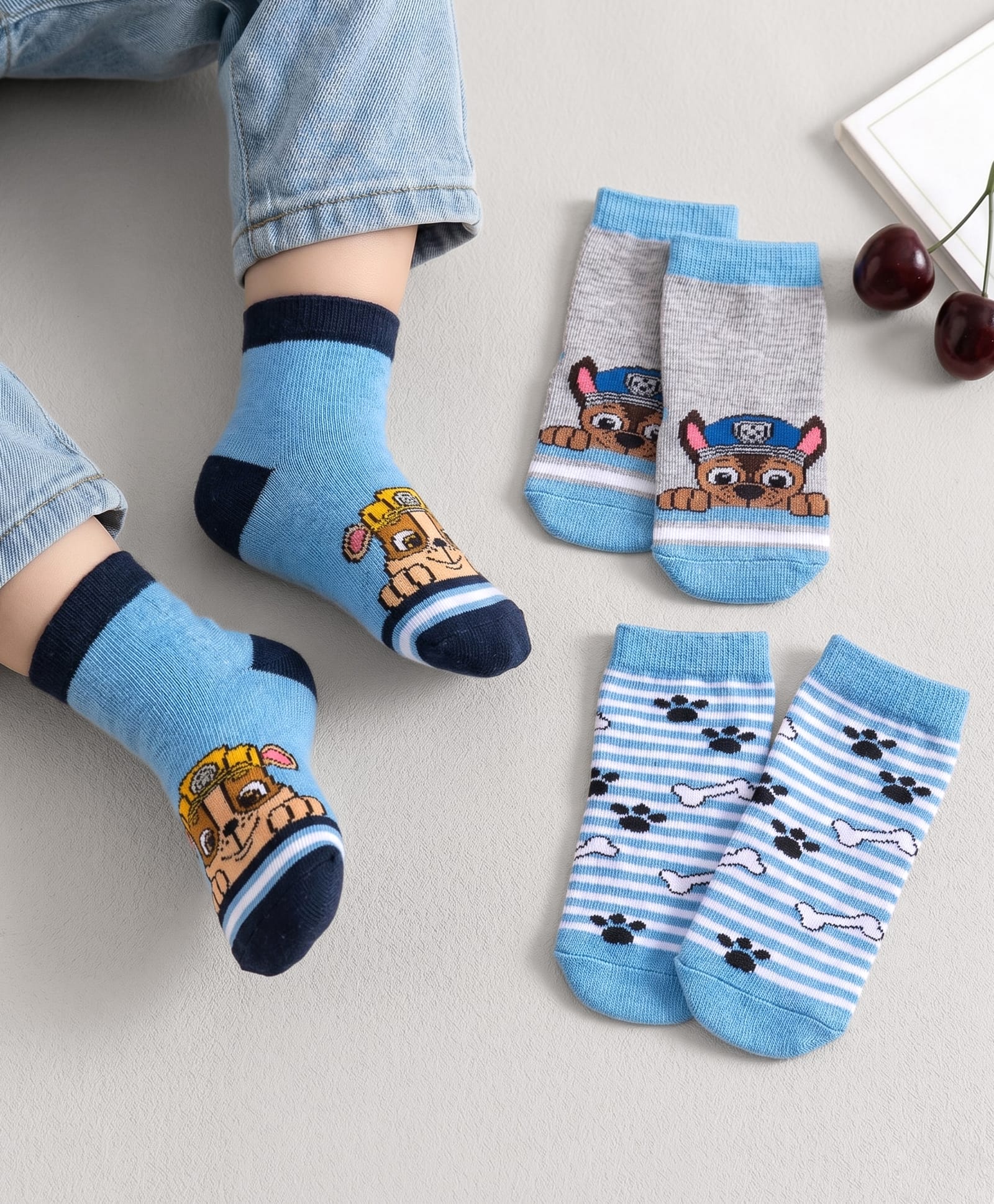 Cutewalk By Babyhug Anti Bacterial Ankle Length Non Terry Socks Paw Patrol Design Pack of 3- Blue & Grey-image-4