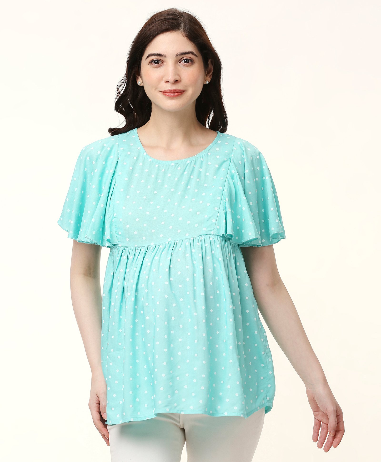 Bella Mama Half Sleeves Maternity Top Polka Dot Print - Mint-image-17