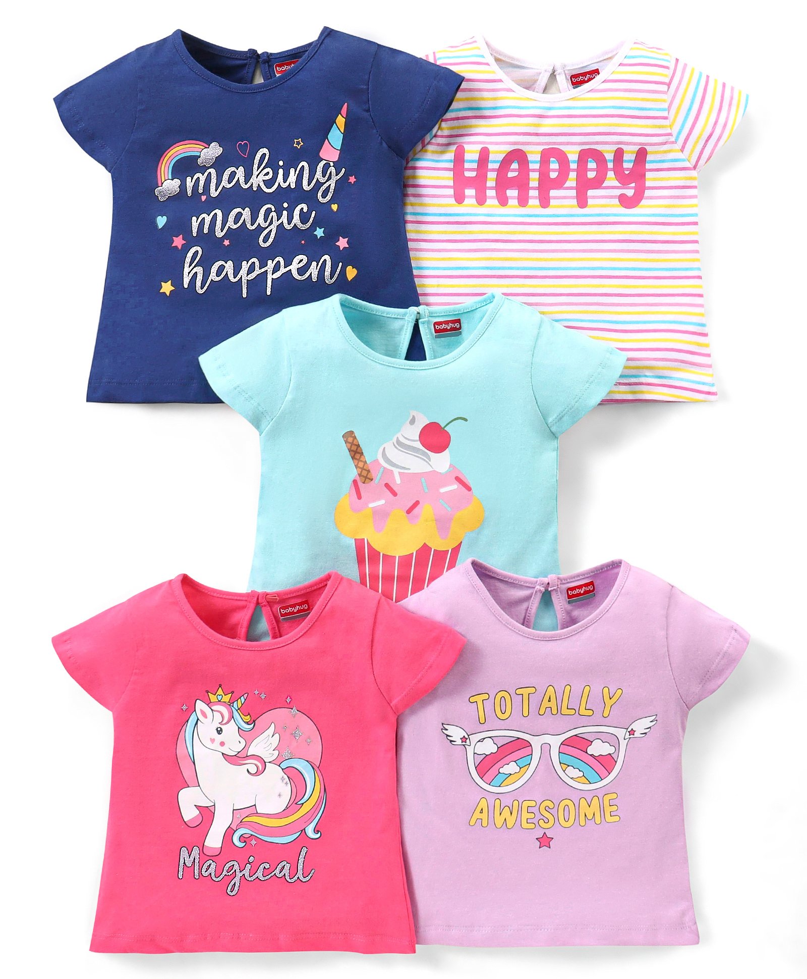 Babyhug 100% Cotton Half Sleeves Tee With Unicorn & Text Graphics Pack of 5- Pink & Blue-image-35