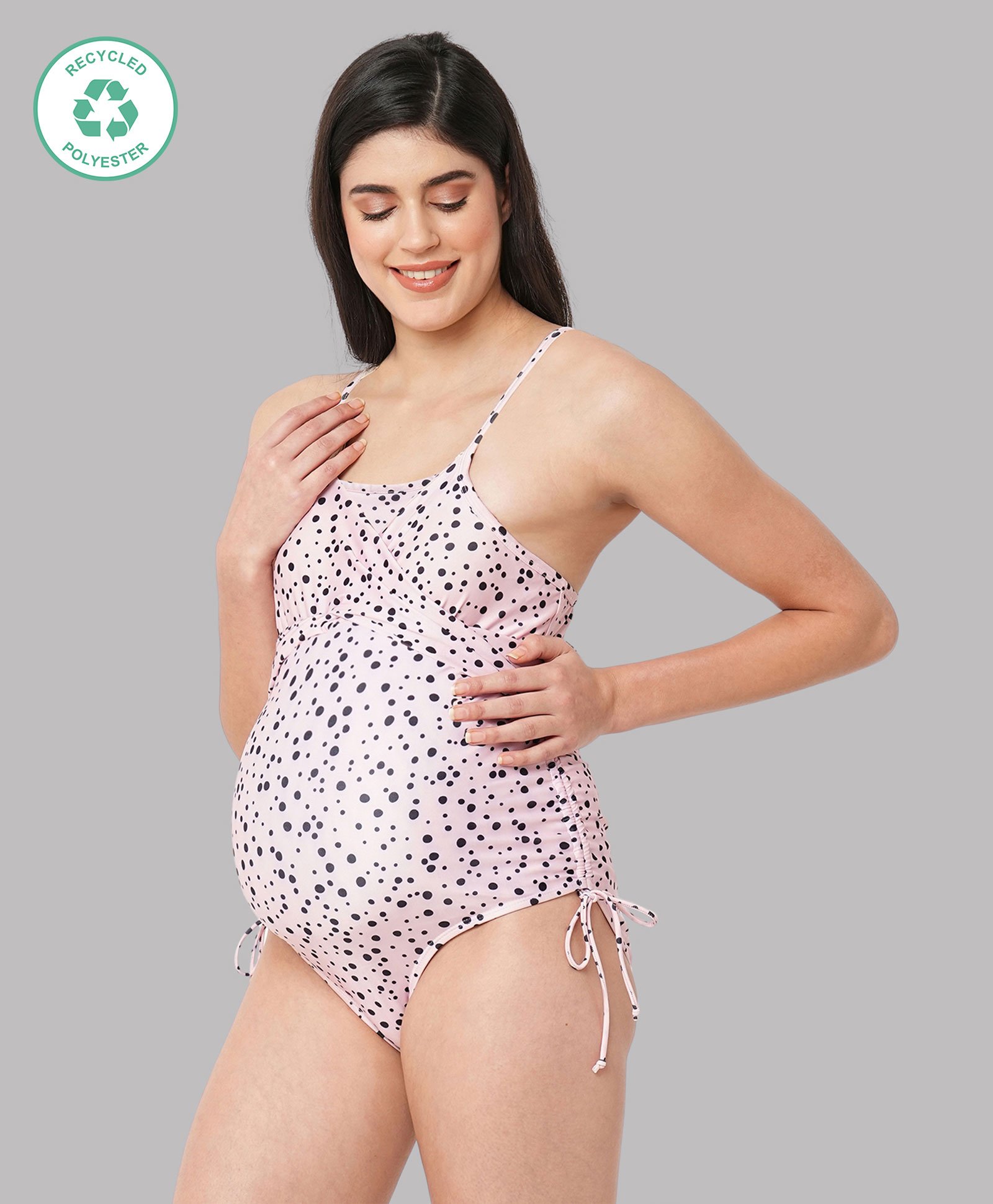 Ecomama Sleeveless Polka Dotted Overlap Quick Dry Swimsuit - Pink-picture-21