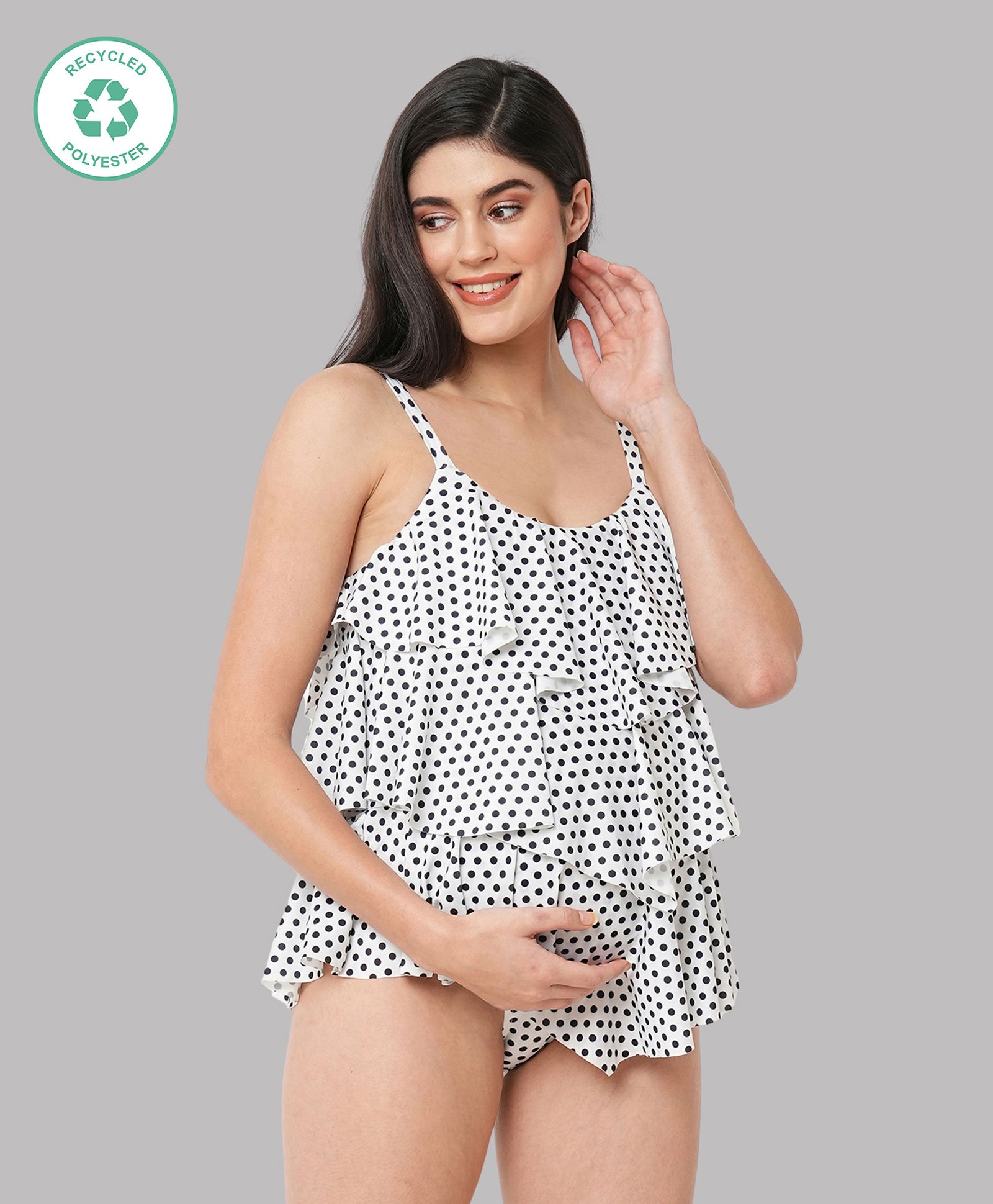 ECOMAMA Sleeveless Ruffle Polka Dotted Quick Dry Swimsuit - White-picture-20