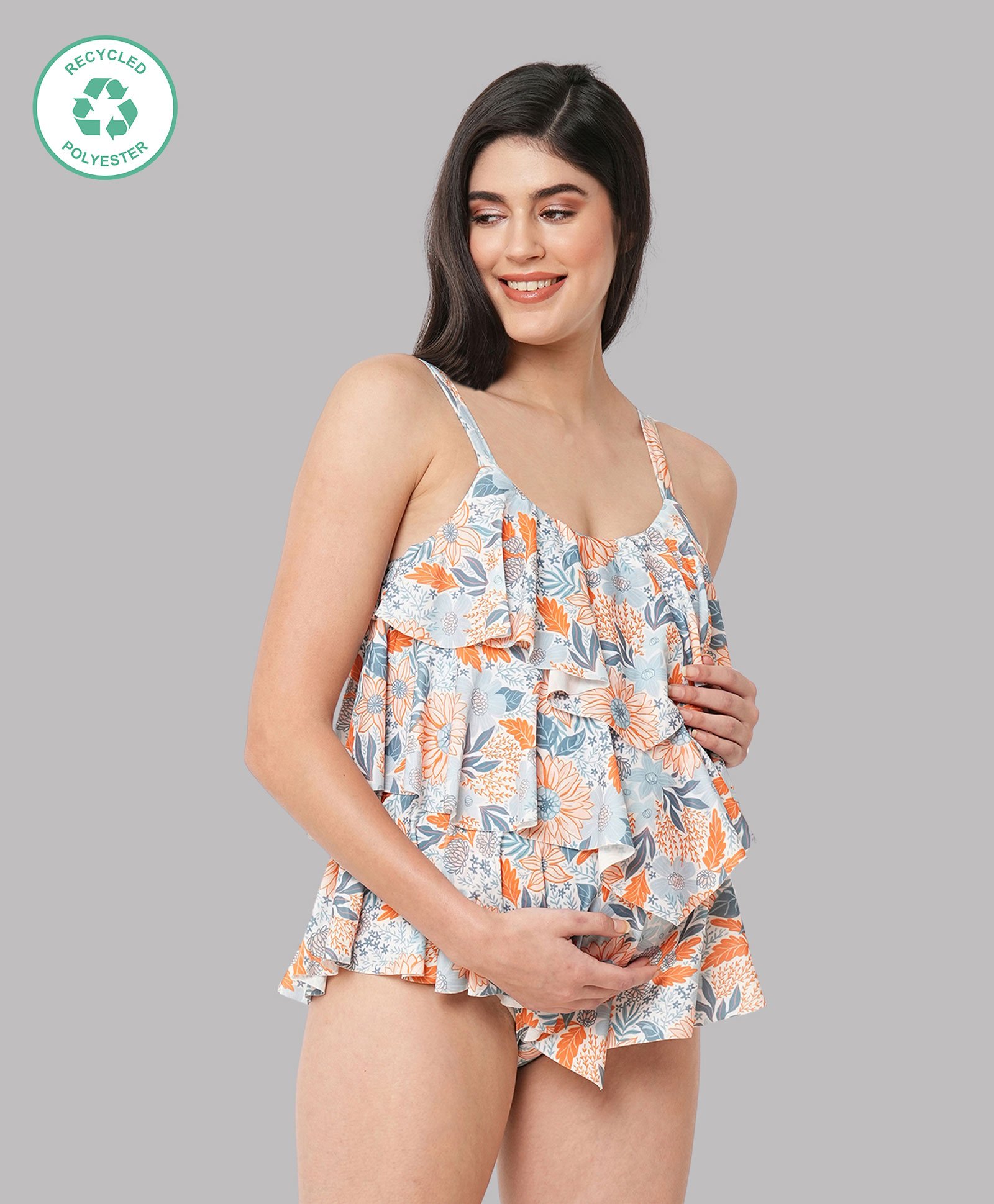 ECOMAMA Sleeveless Ruffle Floral Printed Quick Dry Swimsuit - Multicolour-picture-13
