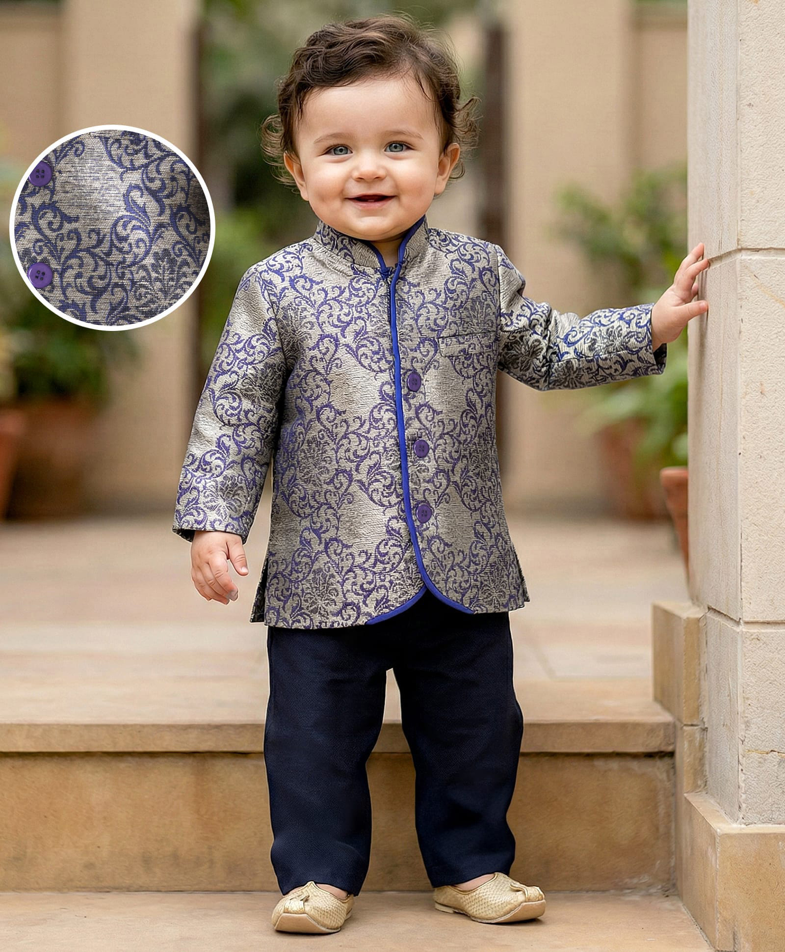 Babyoye Full Sleeves Sherwani With Pants - Blue-image-11