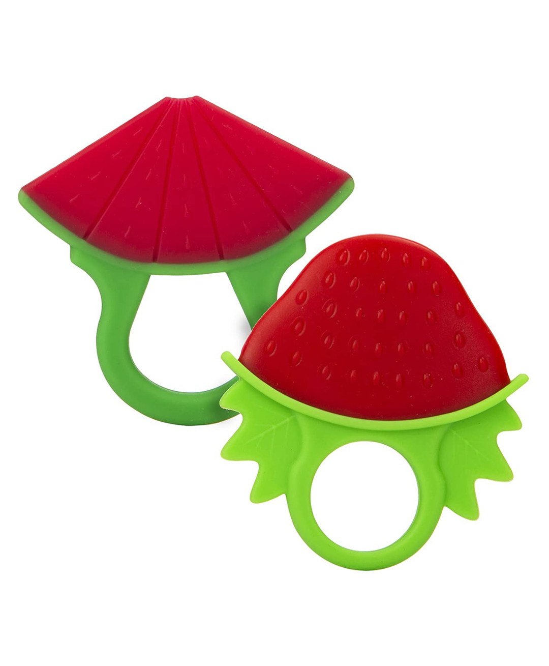 Infantso Non-Toxic Food-Grade Silicone Baby Teether BPA-Free for Pain-Relief Easy Teething Blue Bottle & Strawberry Pack of 2