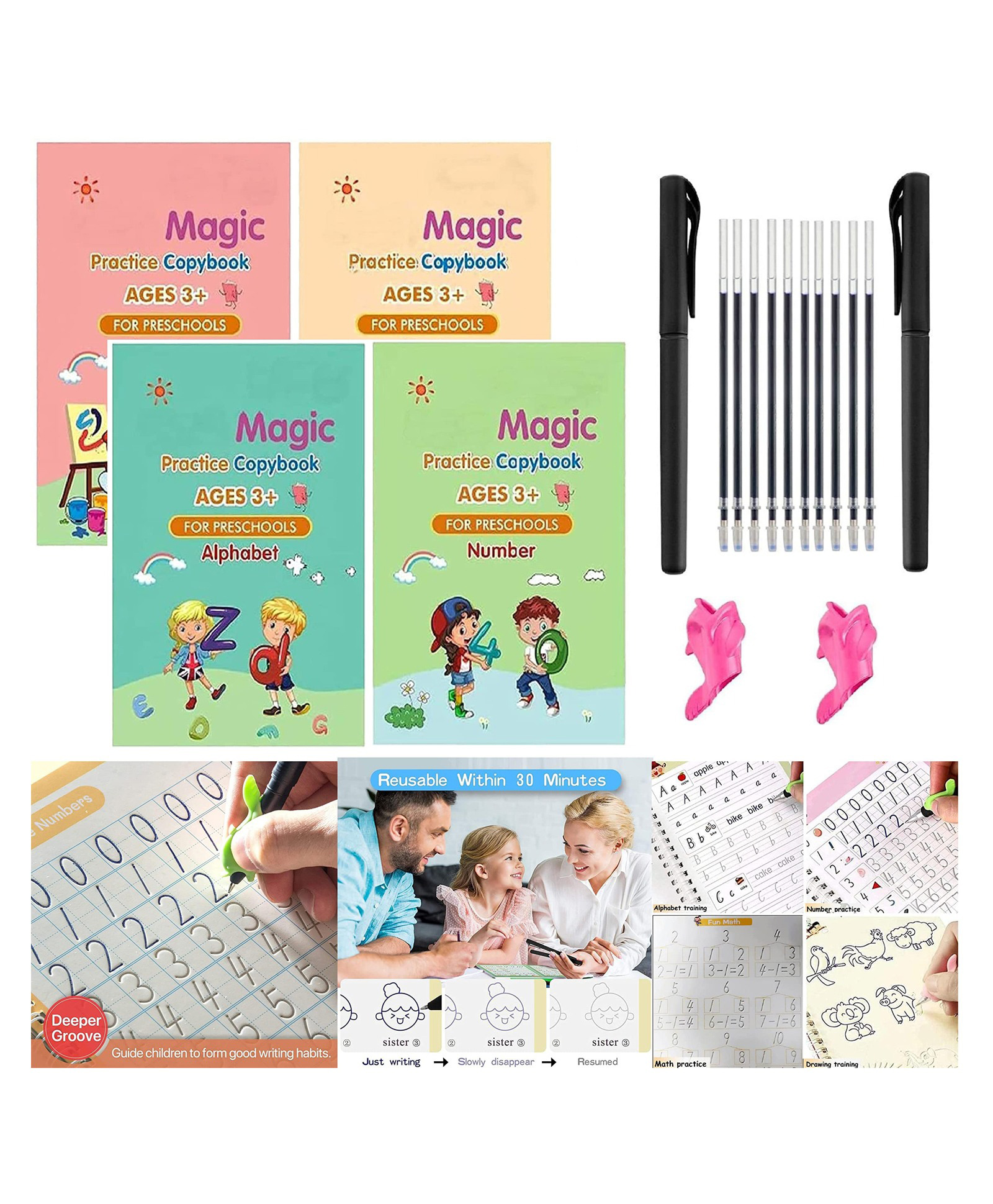 Magic Practice Copybook Number Tracing Book for Preschoolers with Pen Magic Calligraphy Copybook Set Practical Reusable Writing Tool Simple Hand Lettering - English-image-20