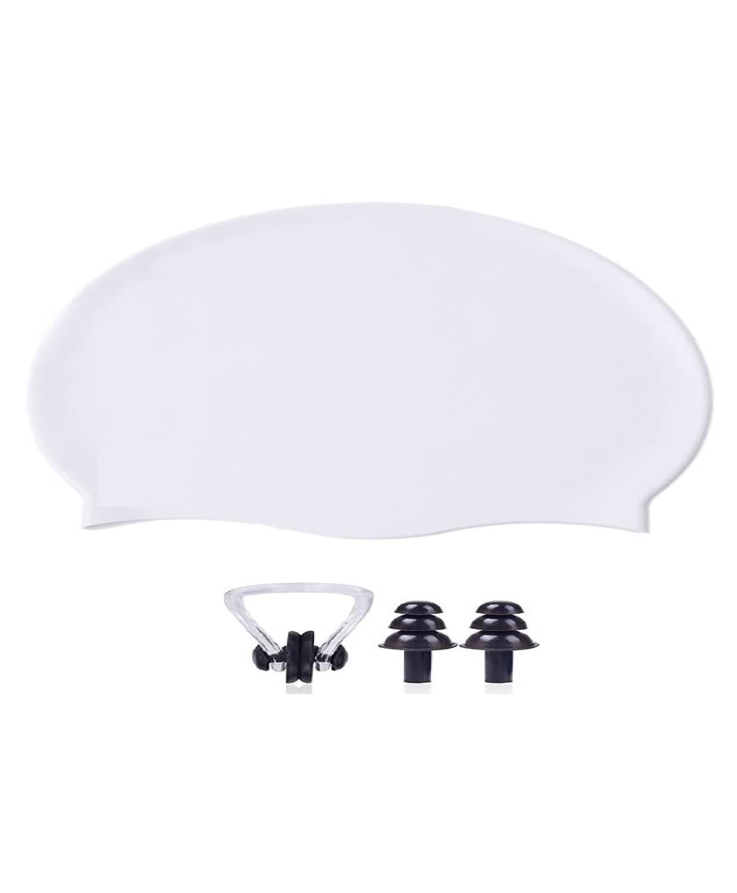 Toyshine Swim Combo - Durable Silicone Swimming Cap - White with Black Ear Buds and Nose Clip Set SSTP-image-47