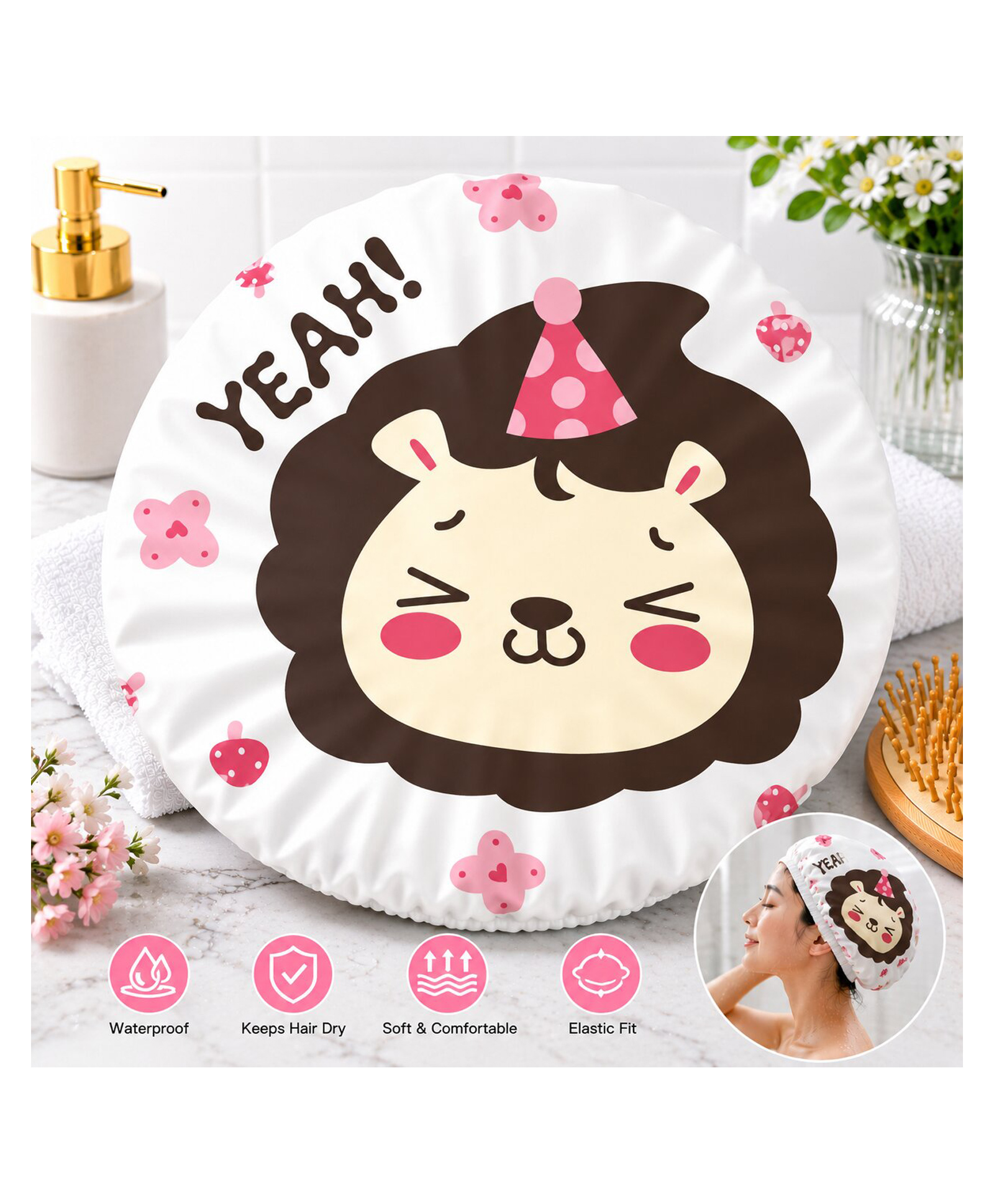 Adore Baby Shower Cap Cartoon Yeah Lion Print - White & Brown-picture-20