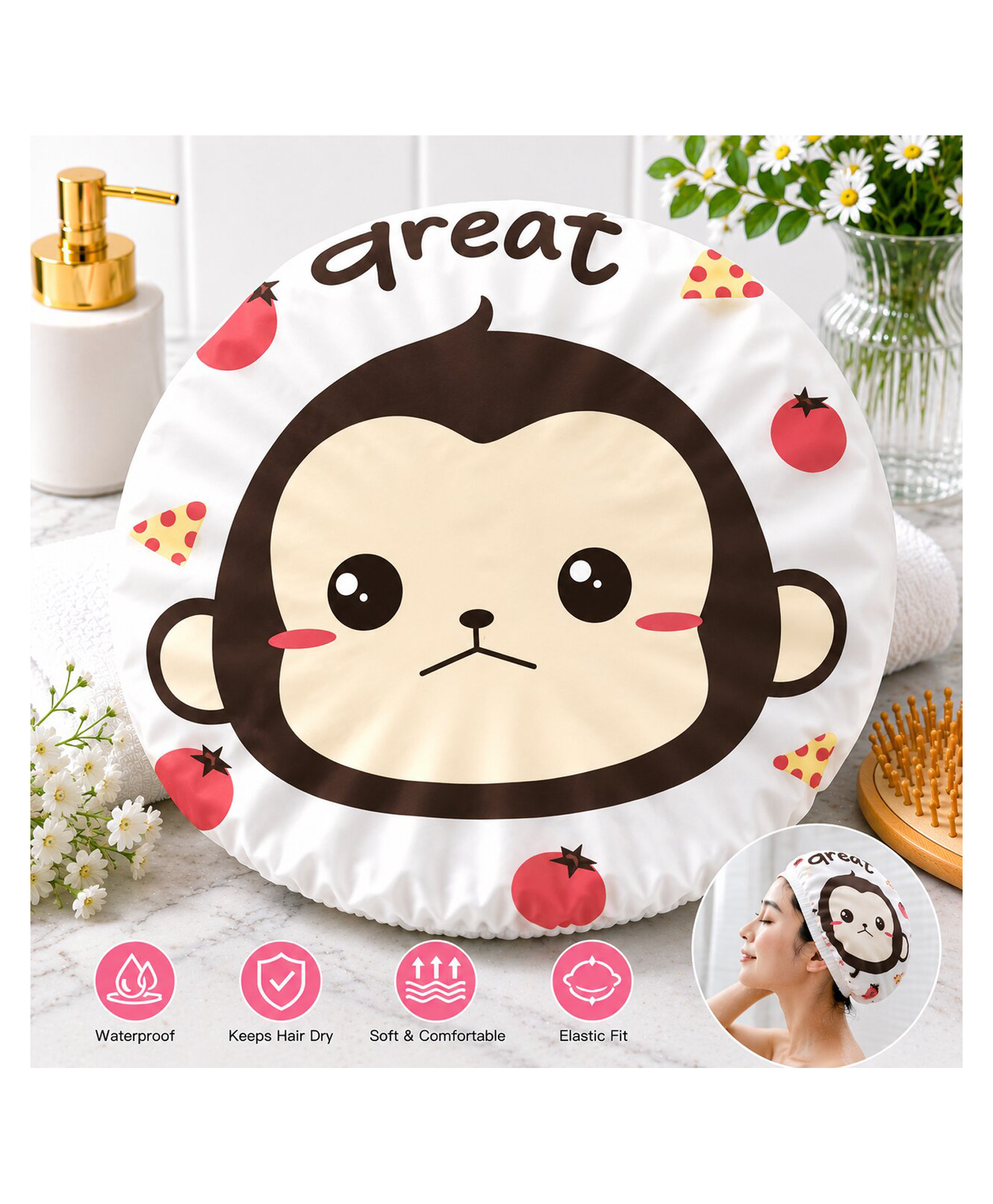 Adore Baby Shower Cap Cartoon Great Monkey Print - White & Brown-picture-12