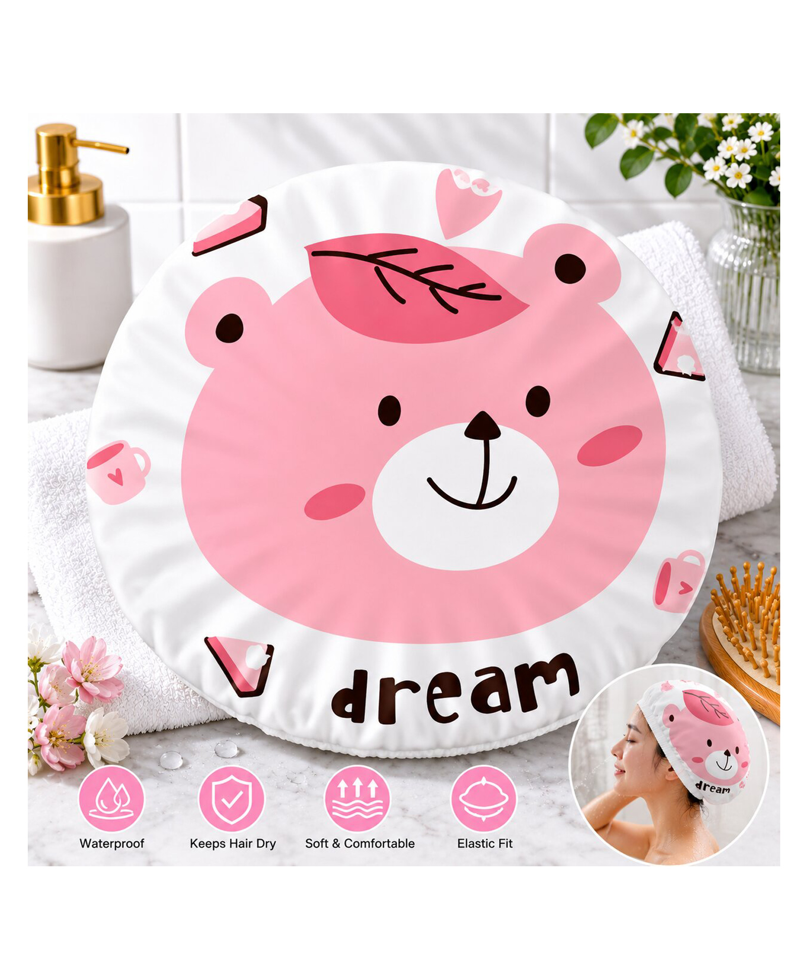 Adore Baby Shower Cap Cartoon Dream Print - White & Pink-picture-26