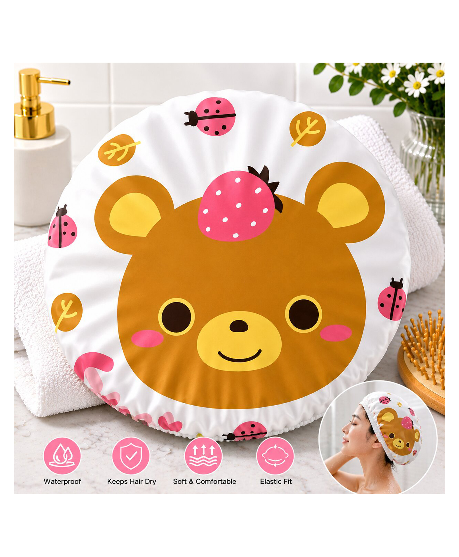 Adore Baby Shower Cap Cartoon Bear Face - White & Brown-picture-23