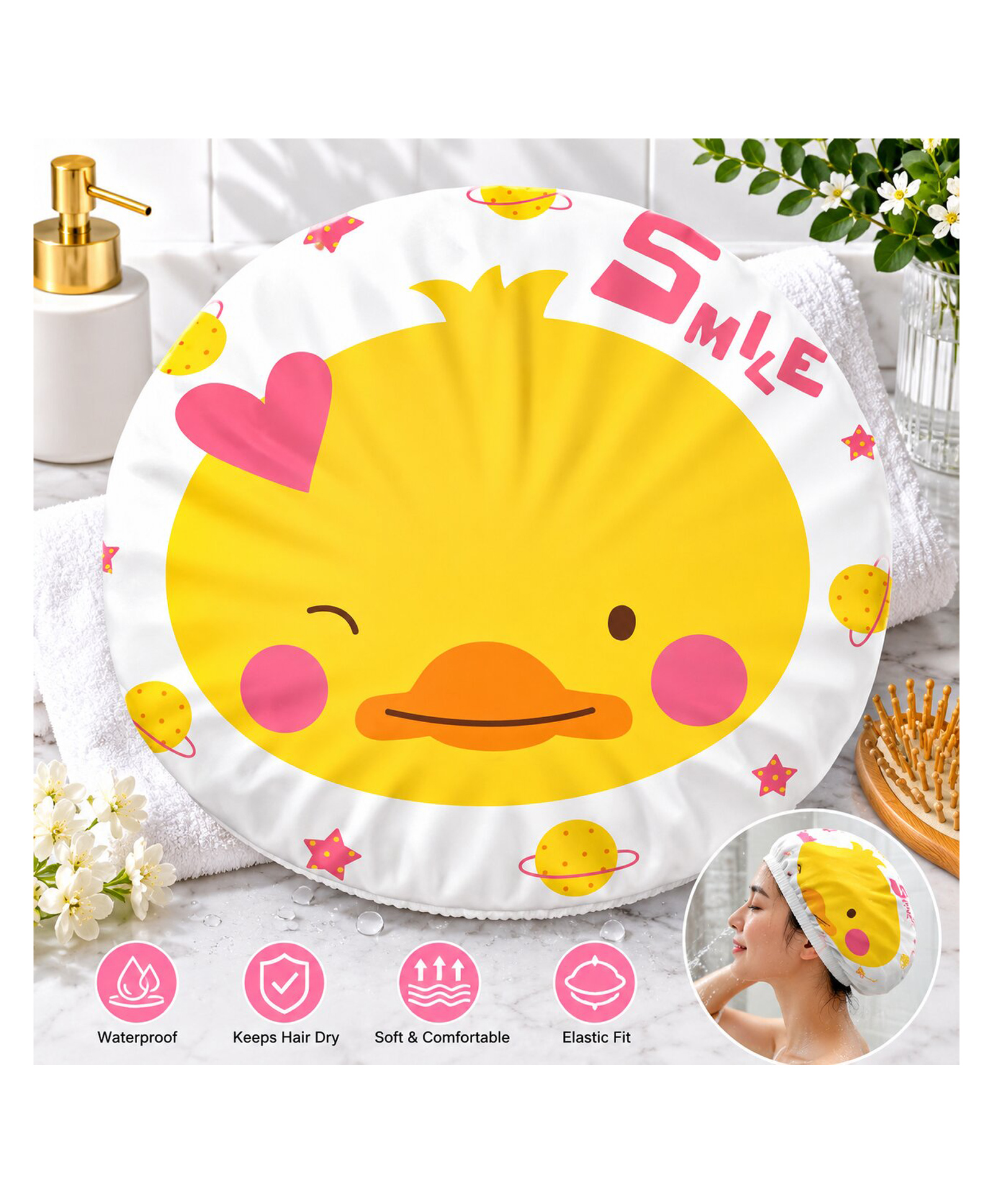 Adore Baby Shower Cap Cartoon Smile Print - White & Yellow-picture-28
