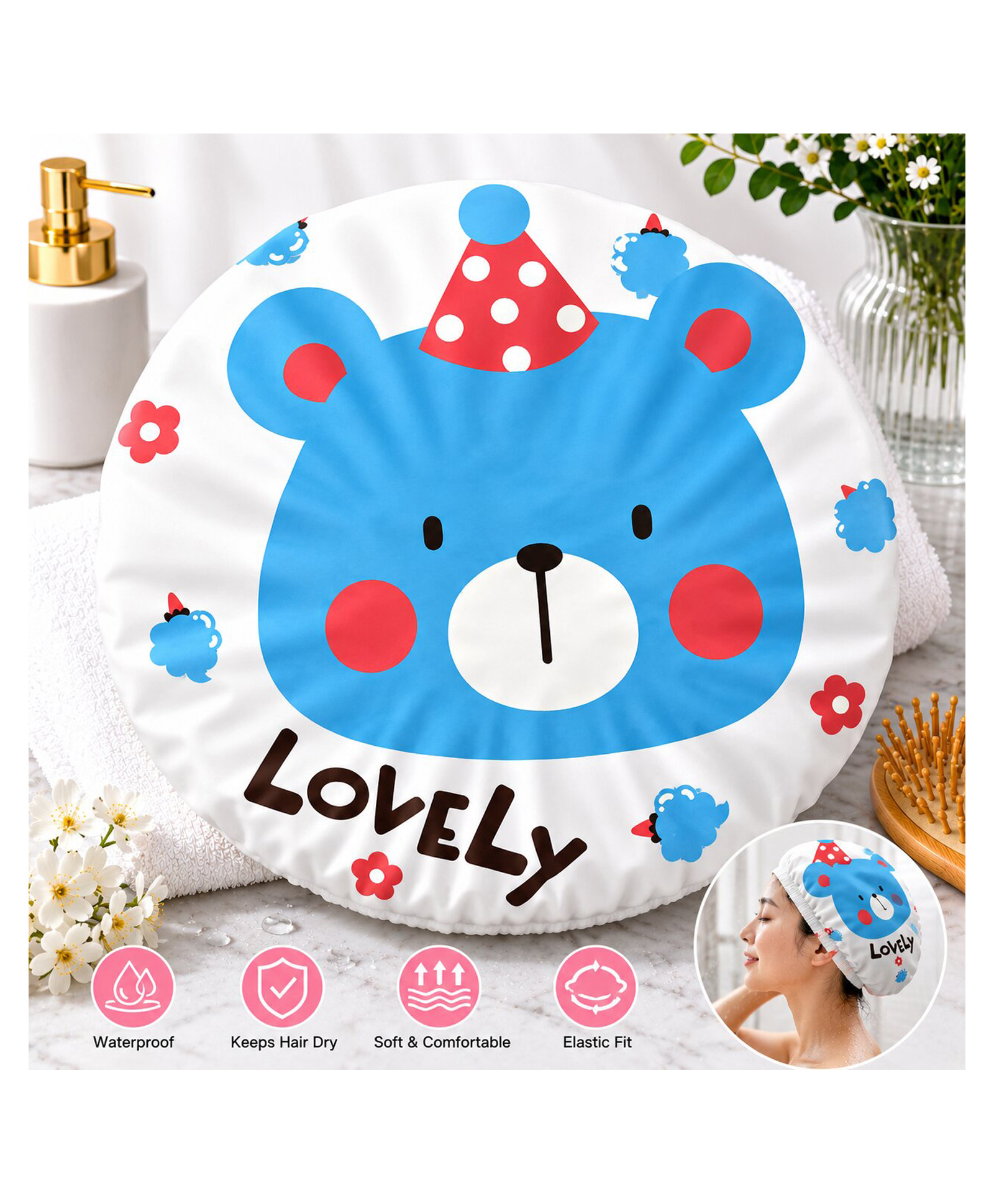 Adore Baby Shower Cap Cartoon Lovely Print - Blue & White-picture-24