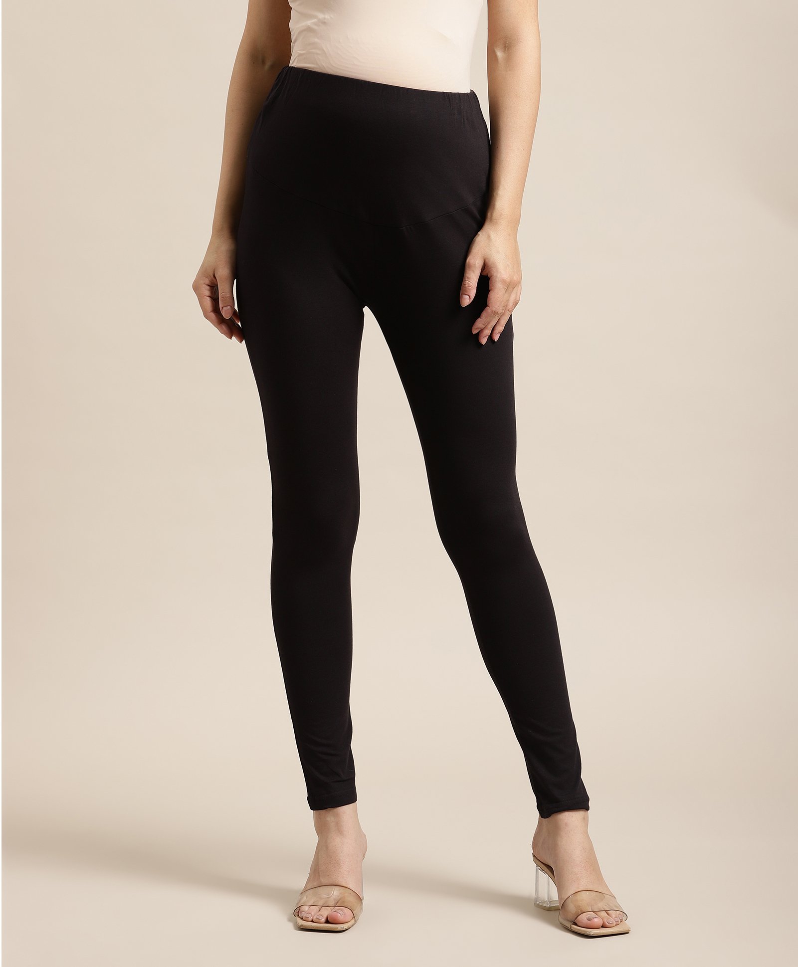 Bella Mama Full Length Maternity Leggings With Tummy Band Solid- Black