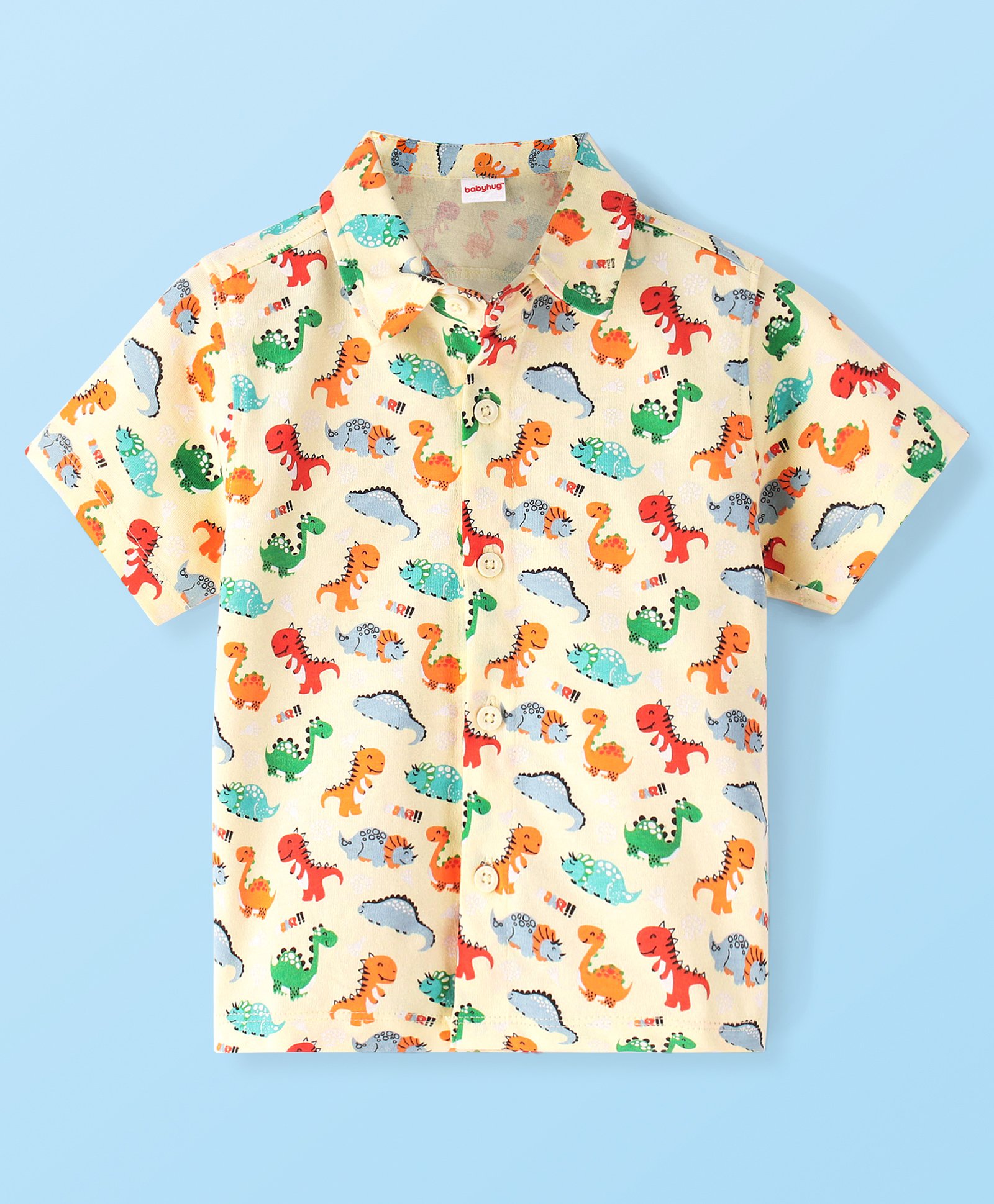Babyhug Cotton Knit Half Sleeve  Regular Collar Dino Printed Shirt - White-image-44