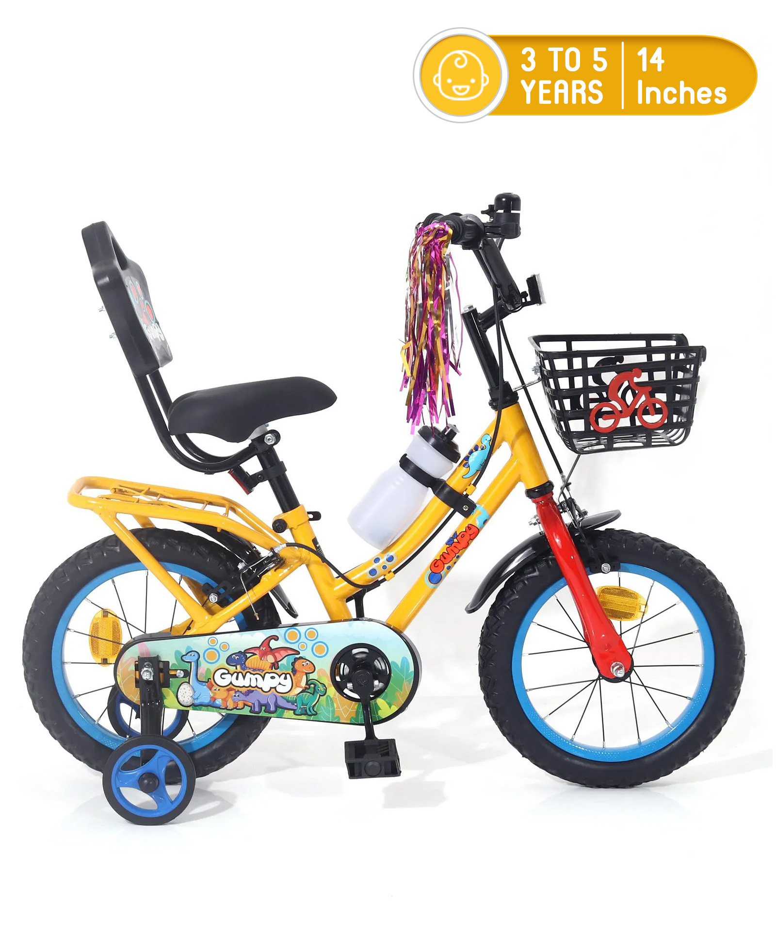 Kids 14 Inch Vibrant Graphics Print Bicycle with Training Wheels - Yellow