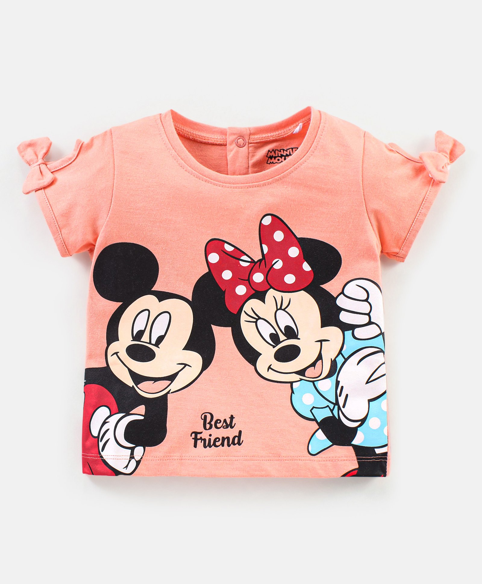 Babyhug 100% Cotton Knit Half Sleeves Tee With Disney Mickey & Minnie Mouse Print & Bow Detailing - Peach-image-37