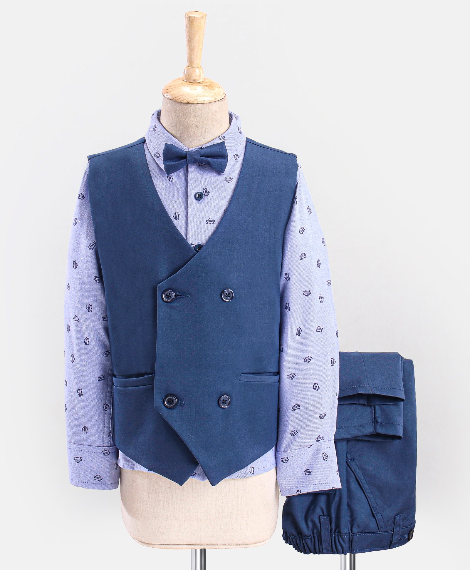 Babyhug Lycra Blend Full Sleeves Party Suit Ship Print- Blue & Grey-image-41