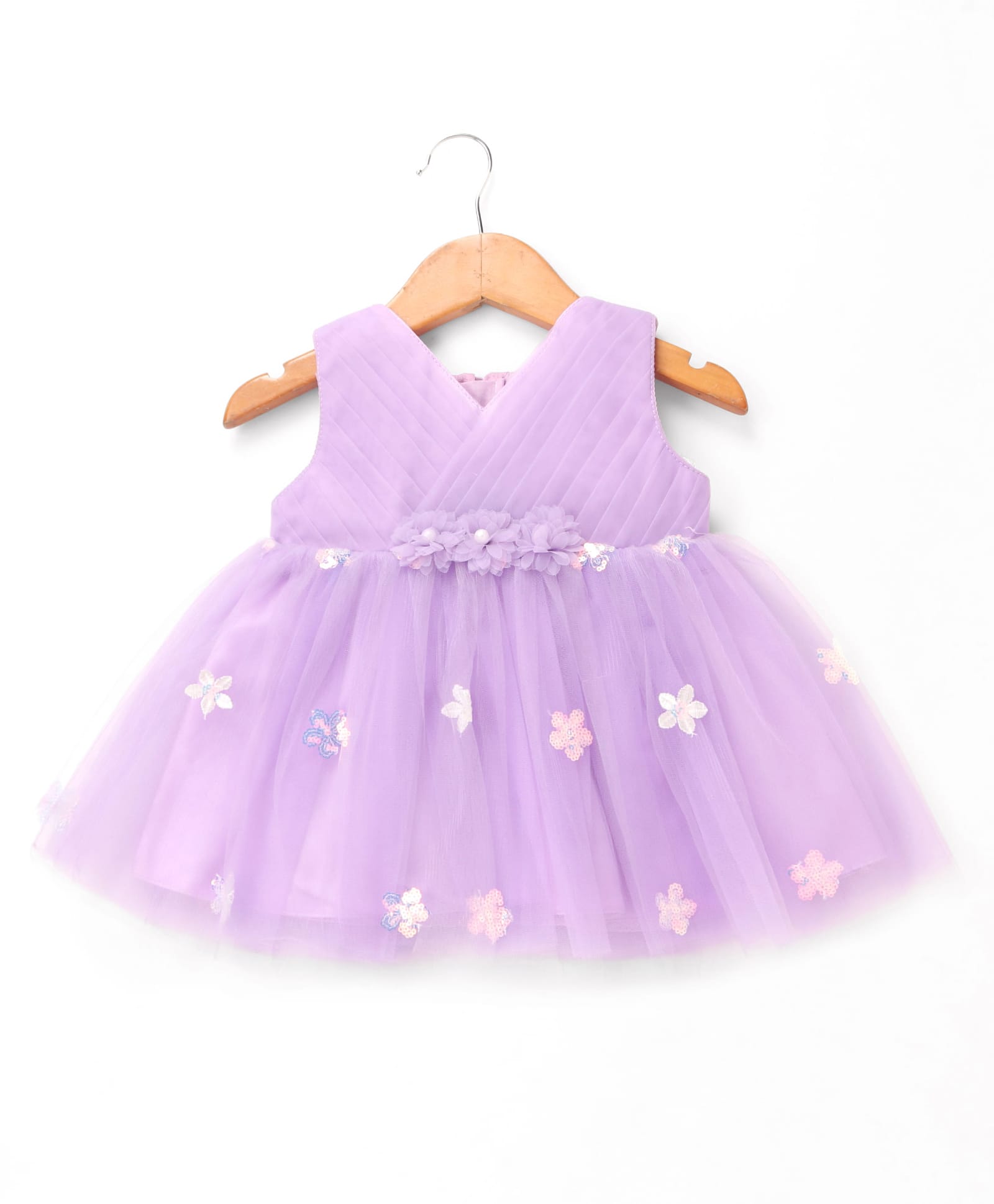 Babyhug Sleeveless Pleated Yoke Party Frock With Corsage And Sequined Detailing - Lavender-image-44