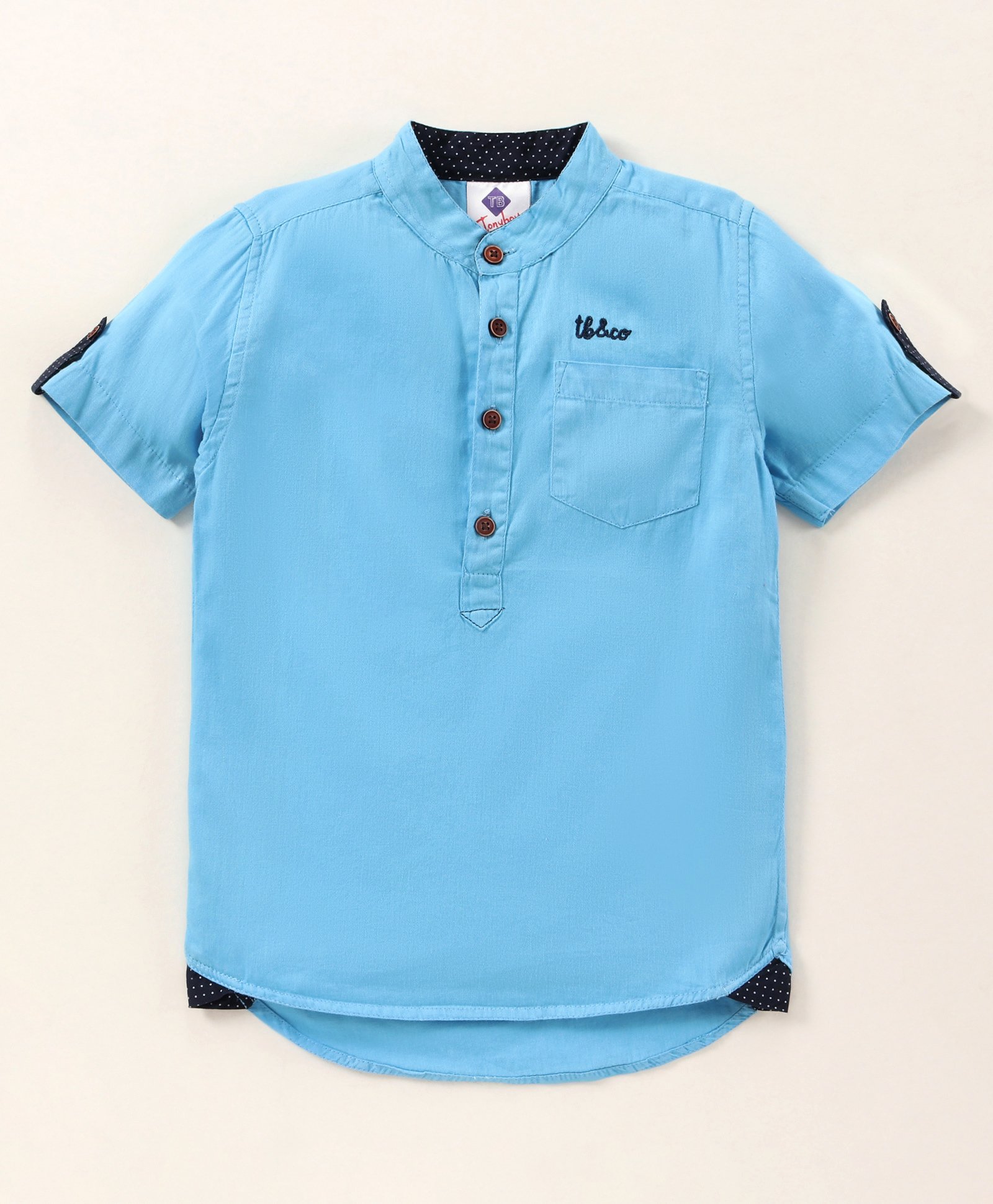 TONYBOY Half Sleeves Placement Embroidered Curved Hem Shirt - Light Blue-picture-25