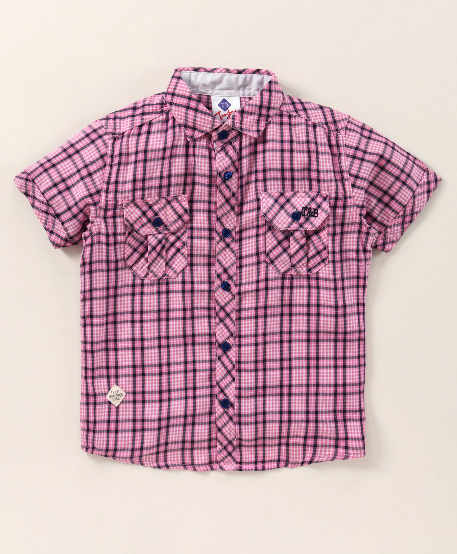 TONYBOY Half Sleeves Seamless Gingham Checked Shirt - Pink-image-15