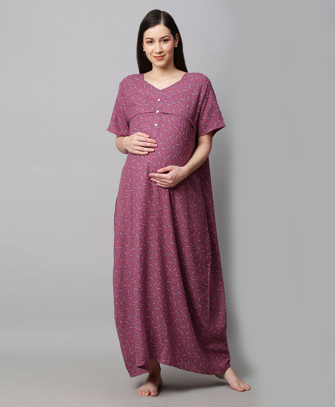 MomToBe Half Sleeves Seamless Leaf Printed Maternity Nighty - Purple-image-46