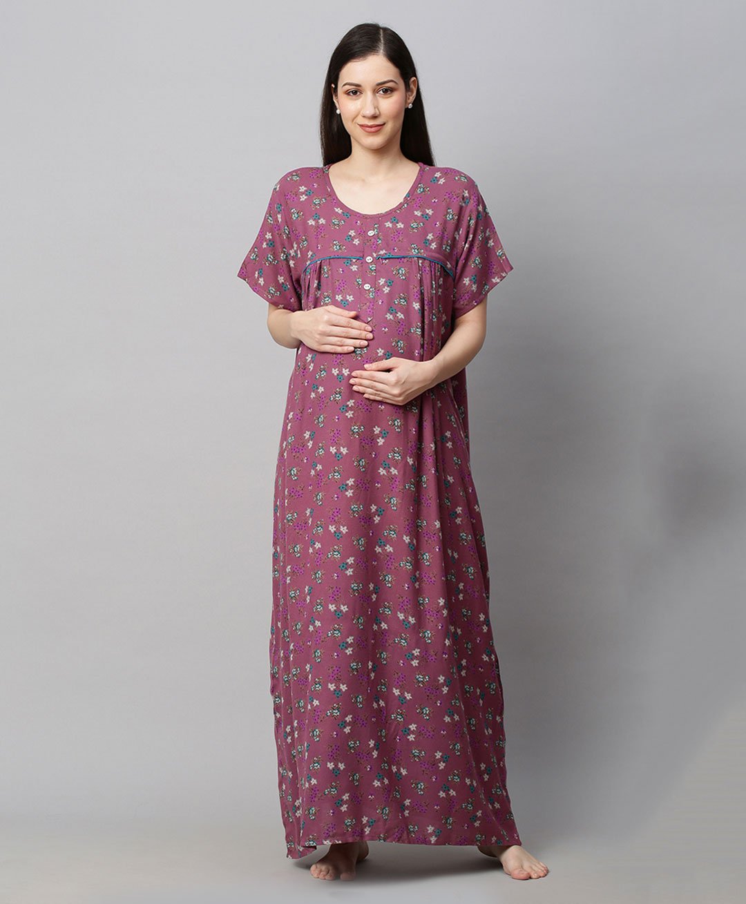 MomToBe  Half Sleeves All Over Flower Printed Maternity Nighty - Purple-picture-14