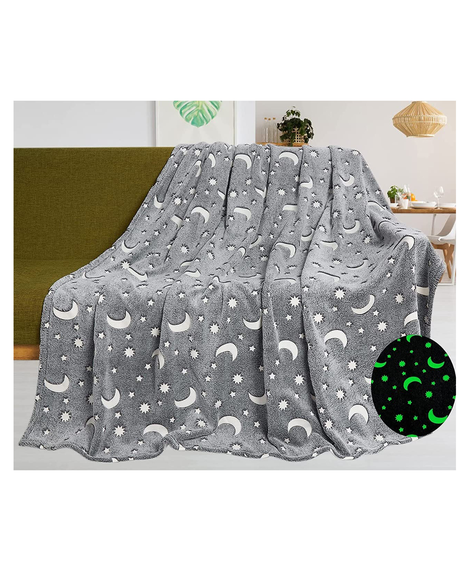 FunBlast Star Moon Theme Glow in the Dark Blankets for Kids (Grey)-image-15