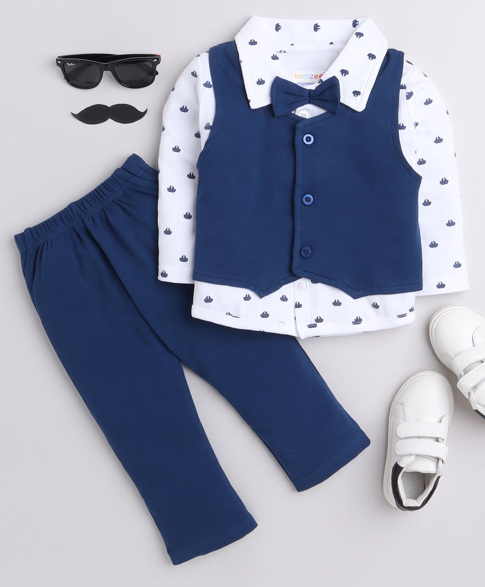 BUMZEE Full Sleeves Boat Print Bow Applique Shirt With Sleeveless Waistcoat And Pant - White Navy Blue-image-34