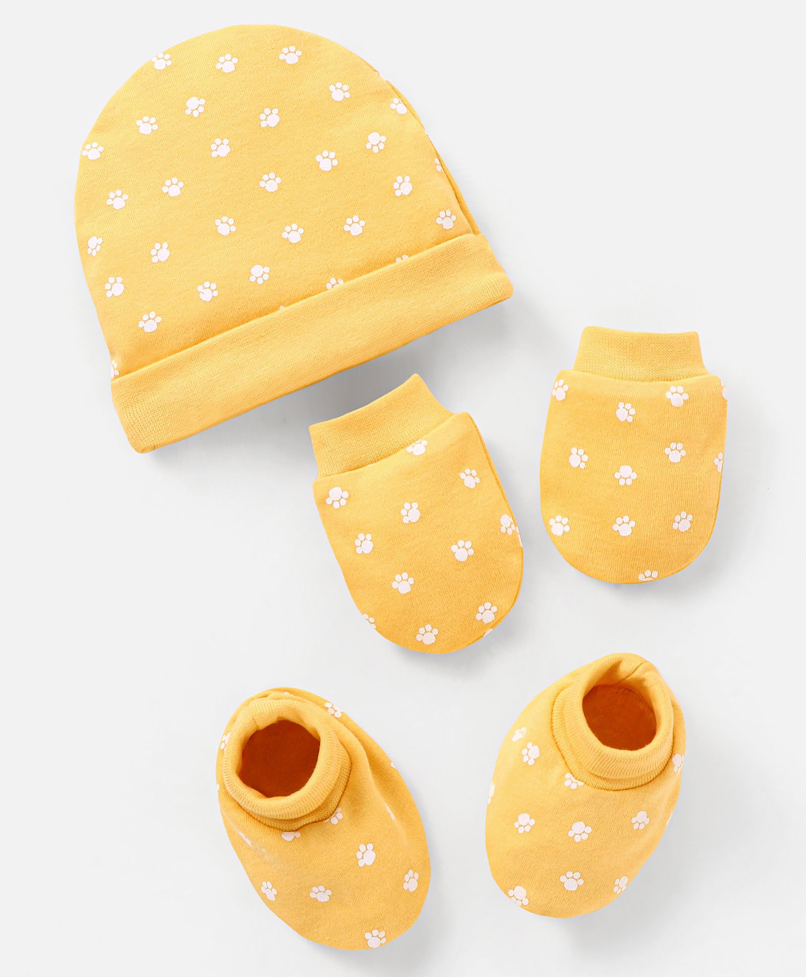 Babyhug 100% Cotton Knit Cap Mittens and Booties Paw Print Yellow - Circumference 28 cm-image-31