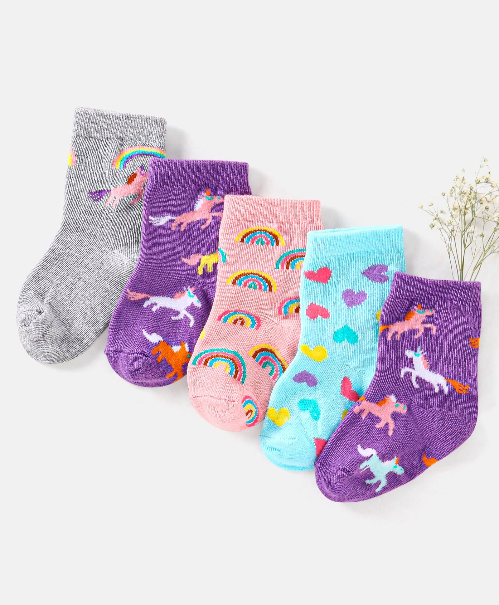 Cute Walk by Babyhug Cotton Non Terry Anti Bacterial Ankle Length Socks Unicorn Design Pack of 5 - Multicolour-picture-25