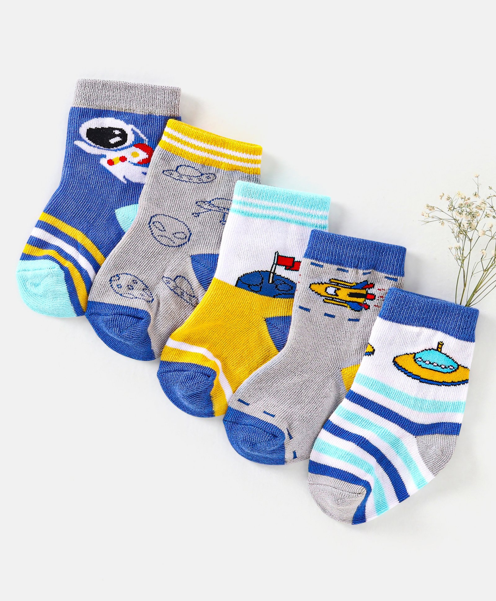 Cute Walk by Babyhug Cotton Non Terry Anti Bacterial Ankle Length Socks Space Design Pack of 5 - Multicolour-image-30