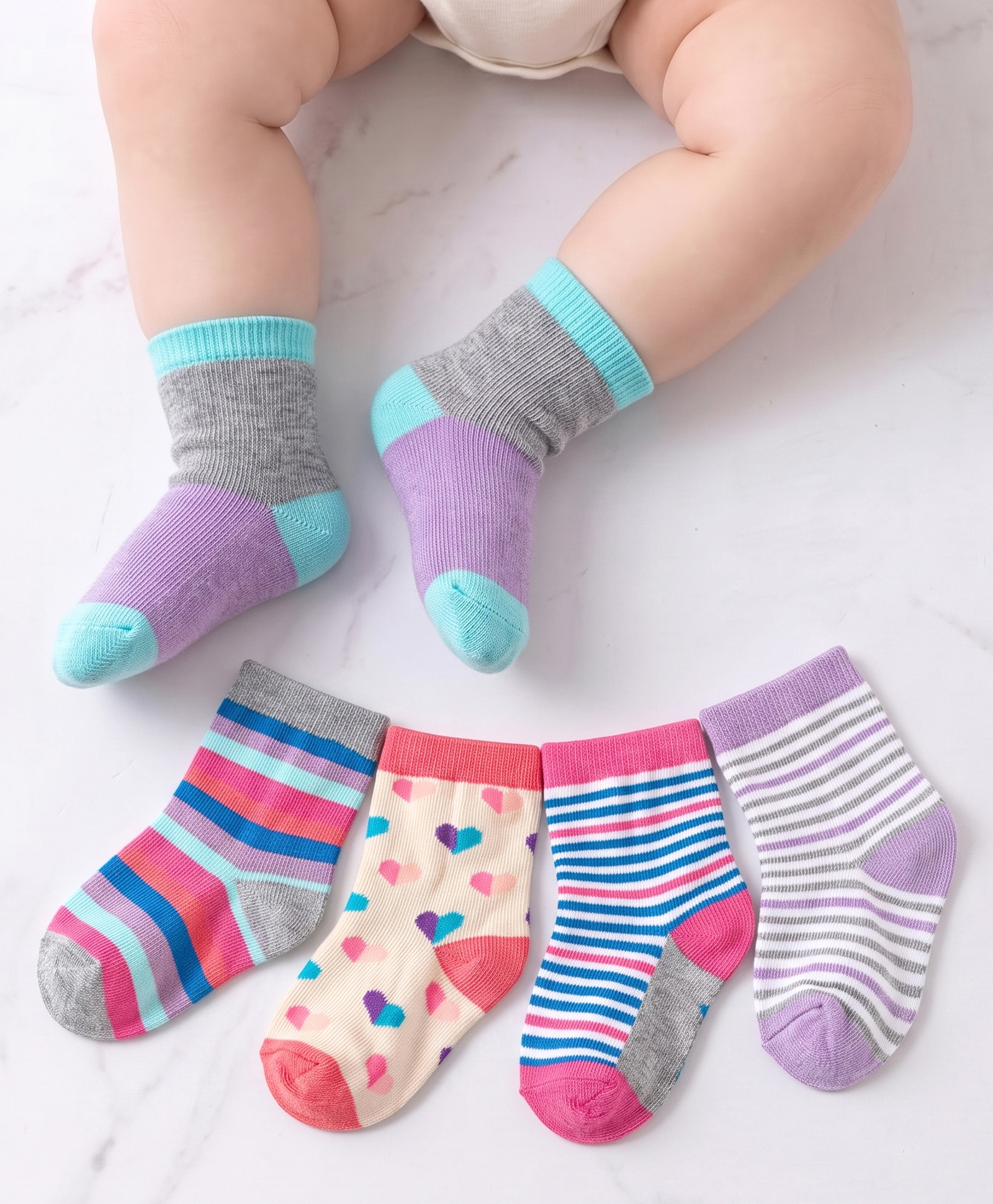 Cute Walk by Babyhug Cotton Anti Bacterial Ankle Length Socks Heart & Stripes Design Pack of 5 - Multicolour-picture-29