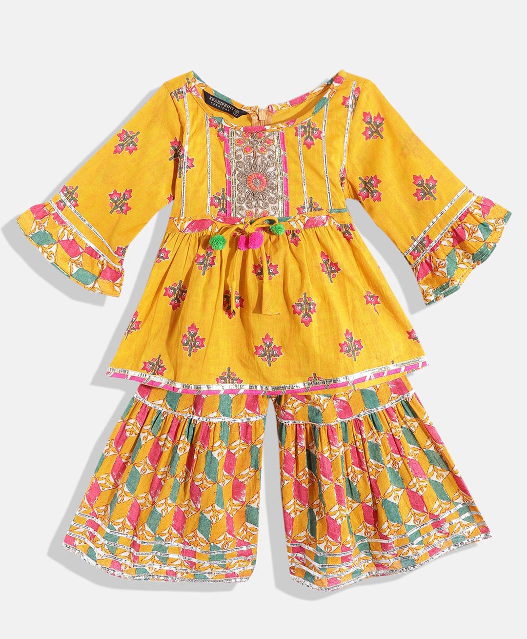 READIPRINT Three Fourth Bell Sleeves Flower Motif Printed Peplum Style Kurta With Coordinating Gota Lace Embellished Sharara - Orange-picture-25