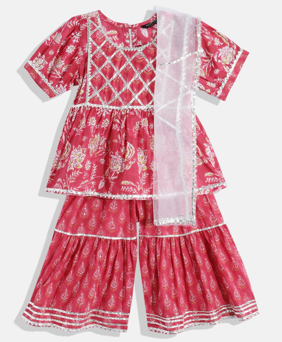 READIPRINT Half Sleeves Jaipuri Floral Printed Peplum Kurta With Flower Motif Printed Sharara & Gota Lace Embellished Dupatta - Pink-image-23