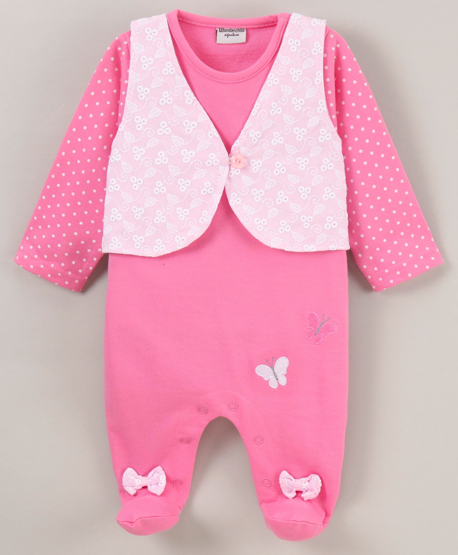 Wonderchild Full Sleeves Bow Applique Footed Romper With Embroidered Jacket - Rose Pink-image-6