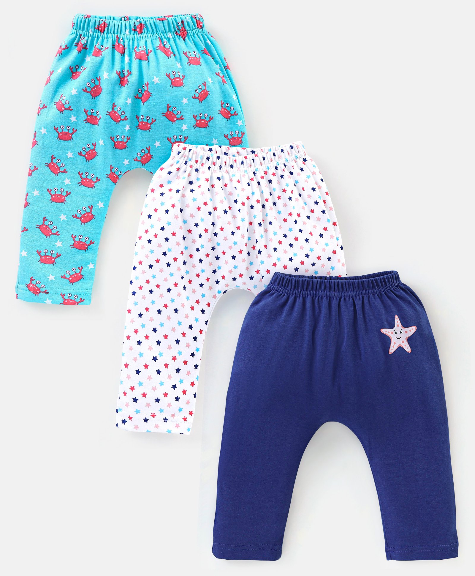 Babyhug Cotton Full Length Diaper Pants Crab & Stars Print Pack of 3 - White & Blue-picture-18