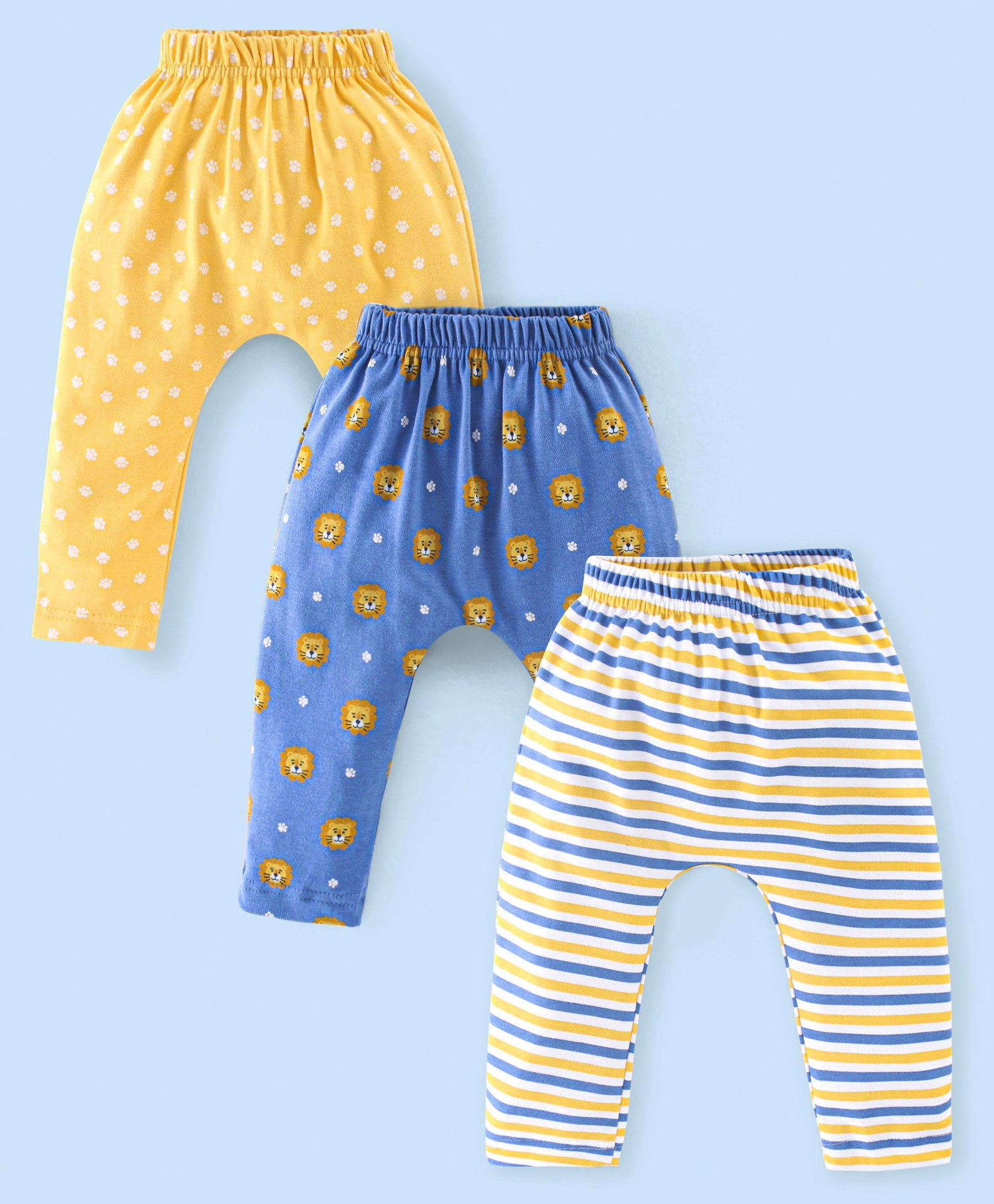 Babyhug Cotton Full Length Diaper Pants Stripes & Lion Print Pack of 3 - Blue & Yellow-image-35