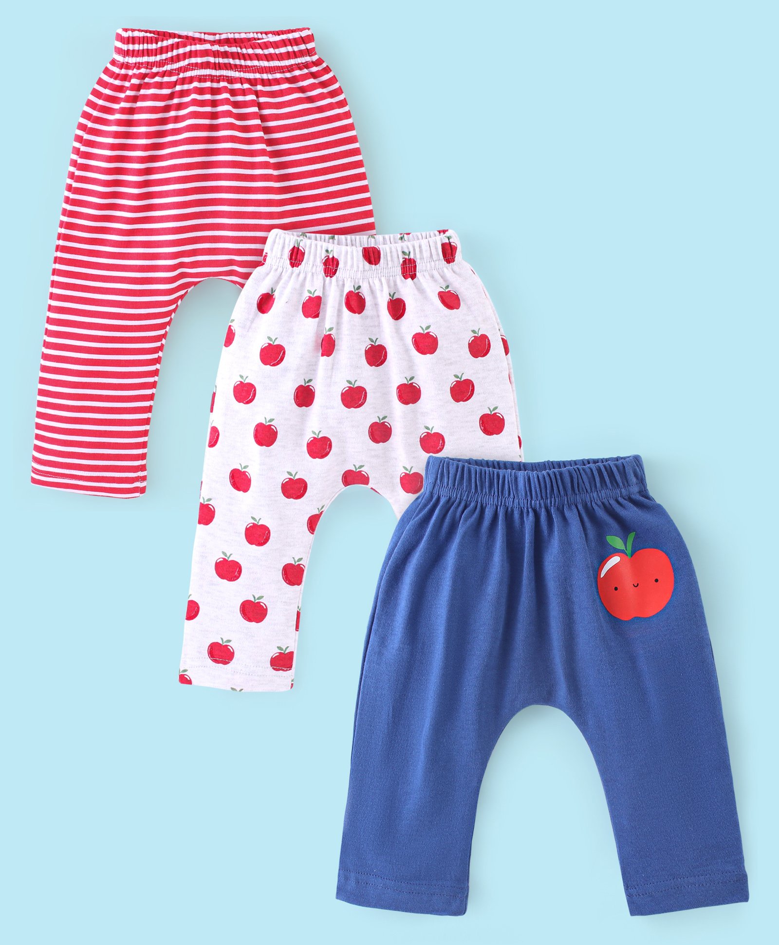 Babyhug Cotton Knit Full Length Striped Diaper Pants Fruits Print Pack of 3 - Red White & Blue-picture-10