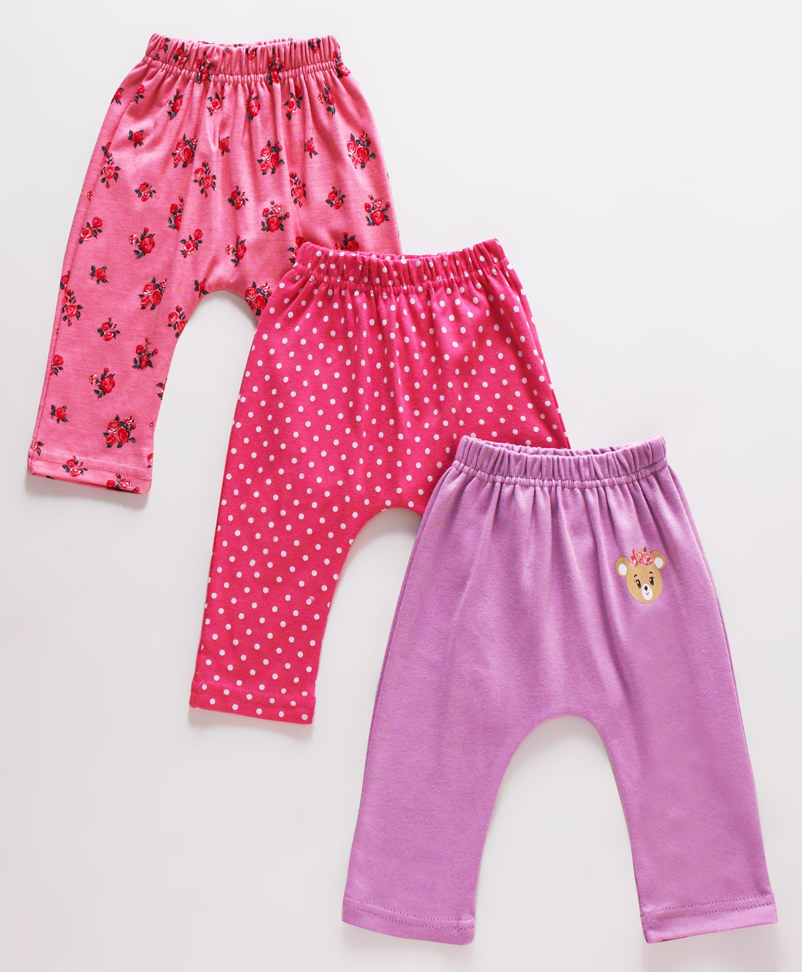 Babyhug Cotton Full Length Floral Print Diaper Leggings Pack of 3 - Pink & Purple-image-2