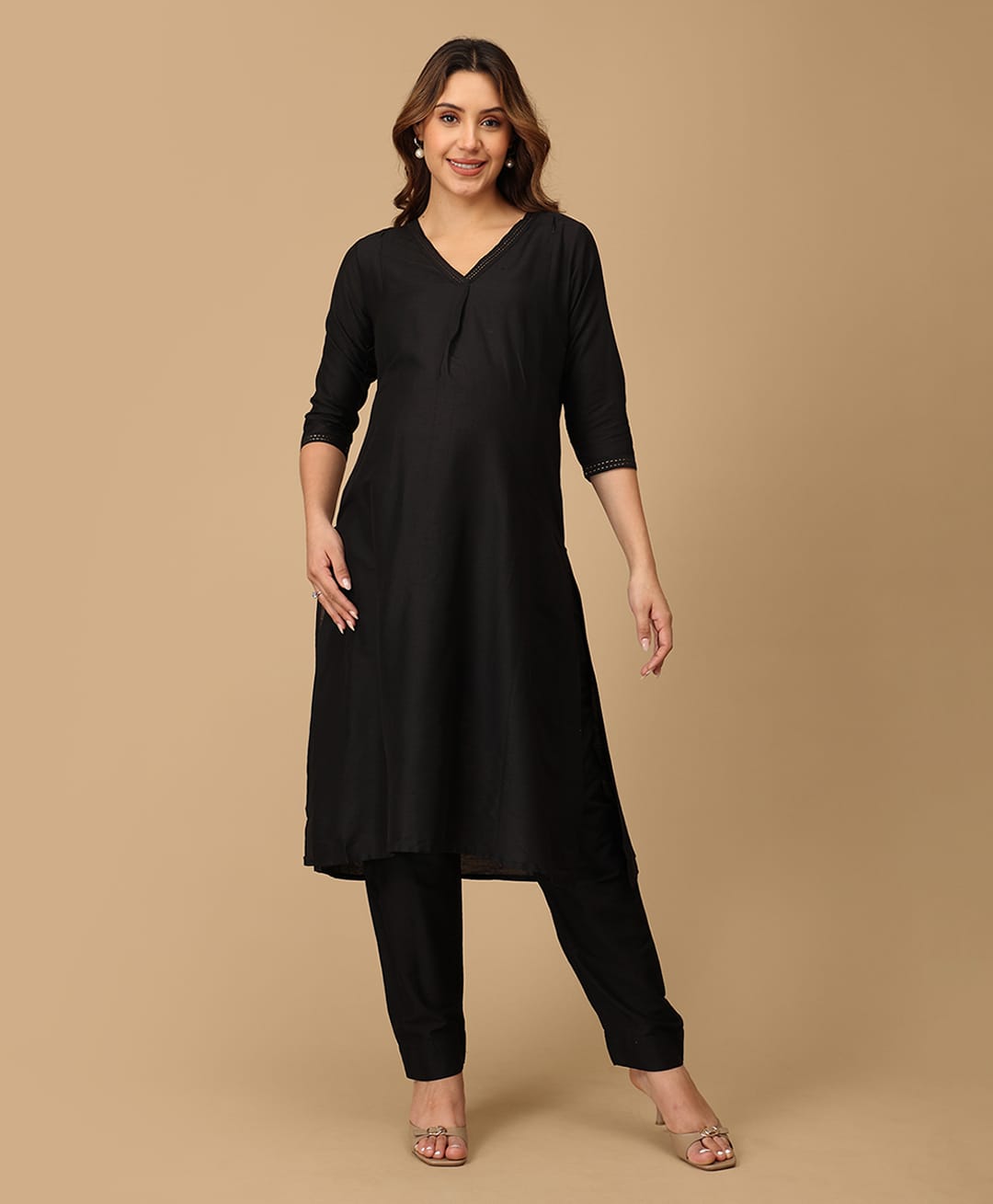 The Mom Store Three Fourth Sleeves Placement Embroidered Flared Maternity Kurta With Salwar - Black-image-6