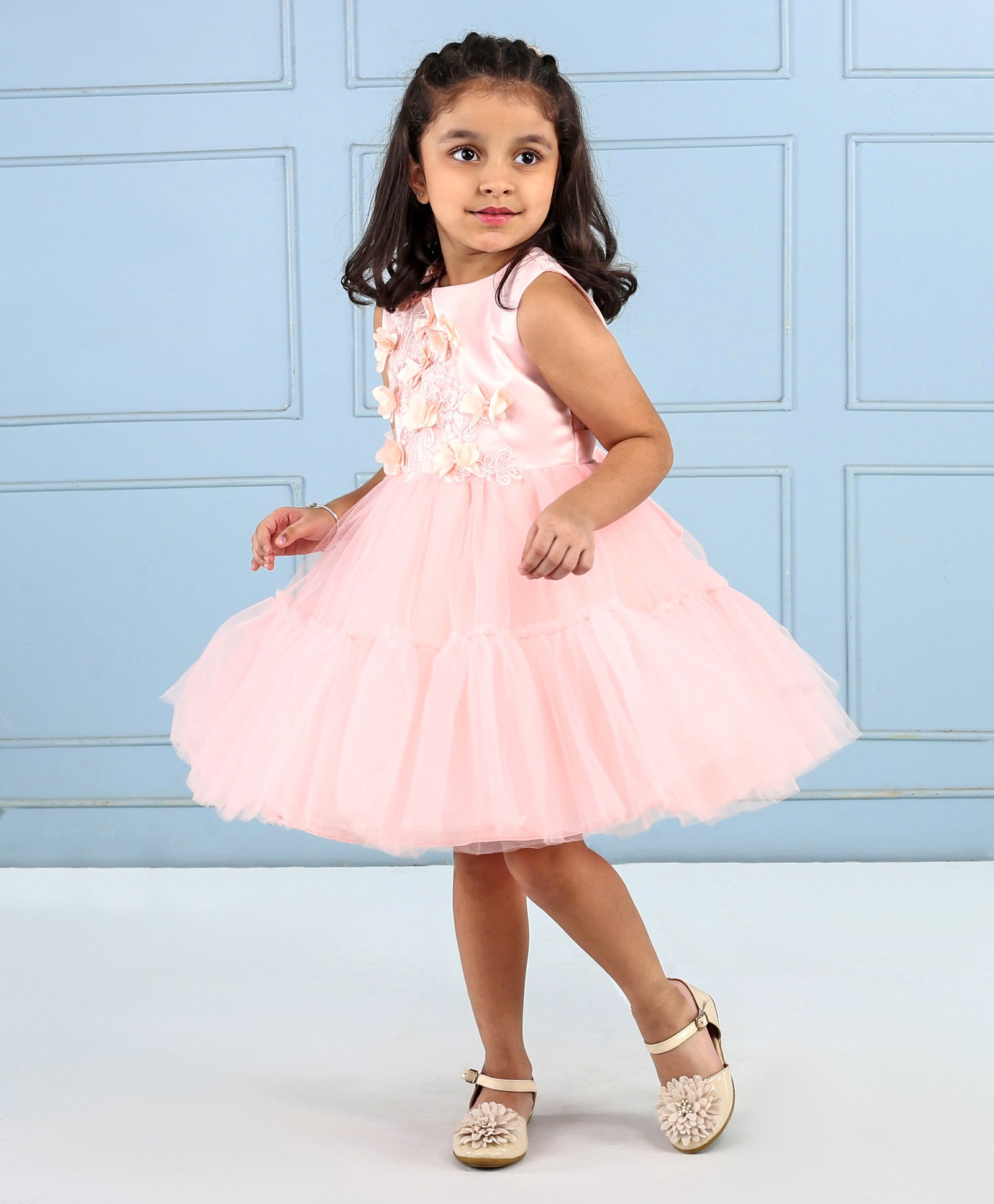 Mark & Mia Sleeveless Party Frock with Butterfly Applique & Floral Embroidery - Peach-image-19