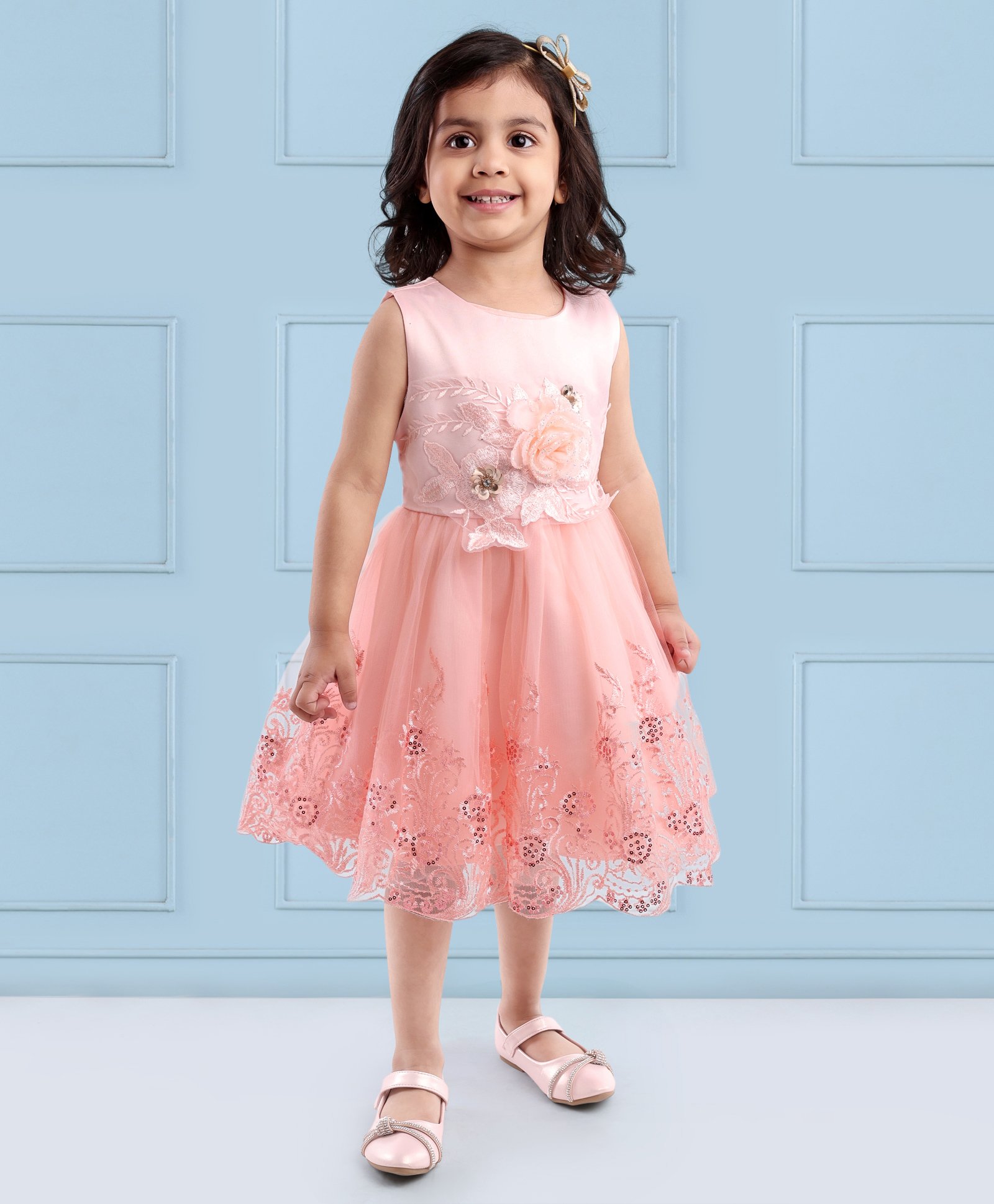 Buy Mark & Mia Sleeveless Embellished with Corsage Party Wear Frock - Peach  for Girls (18-24 Months) Online in India, Shop at  - 12629817
