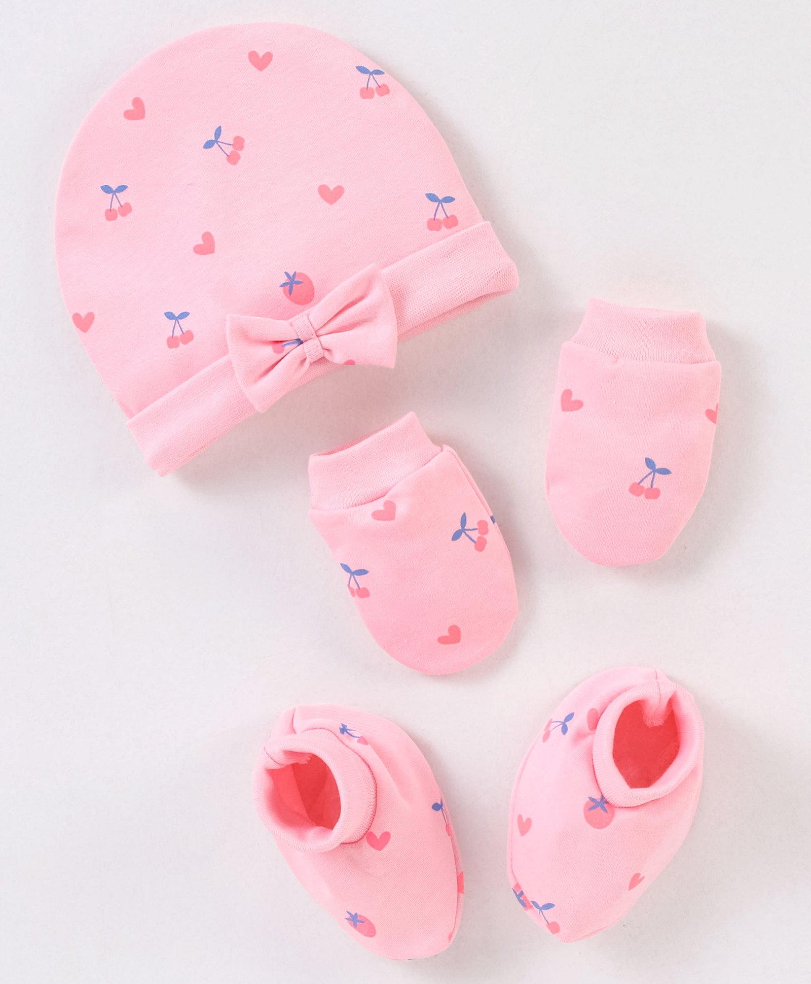 Babyhug 100% Cotton Cherry Printed Cap Mittens & Booties - Pink-image-25