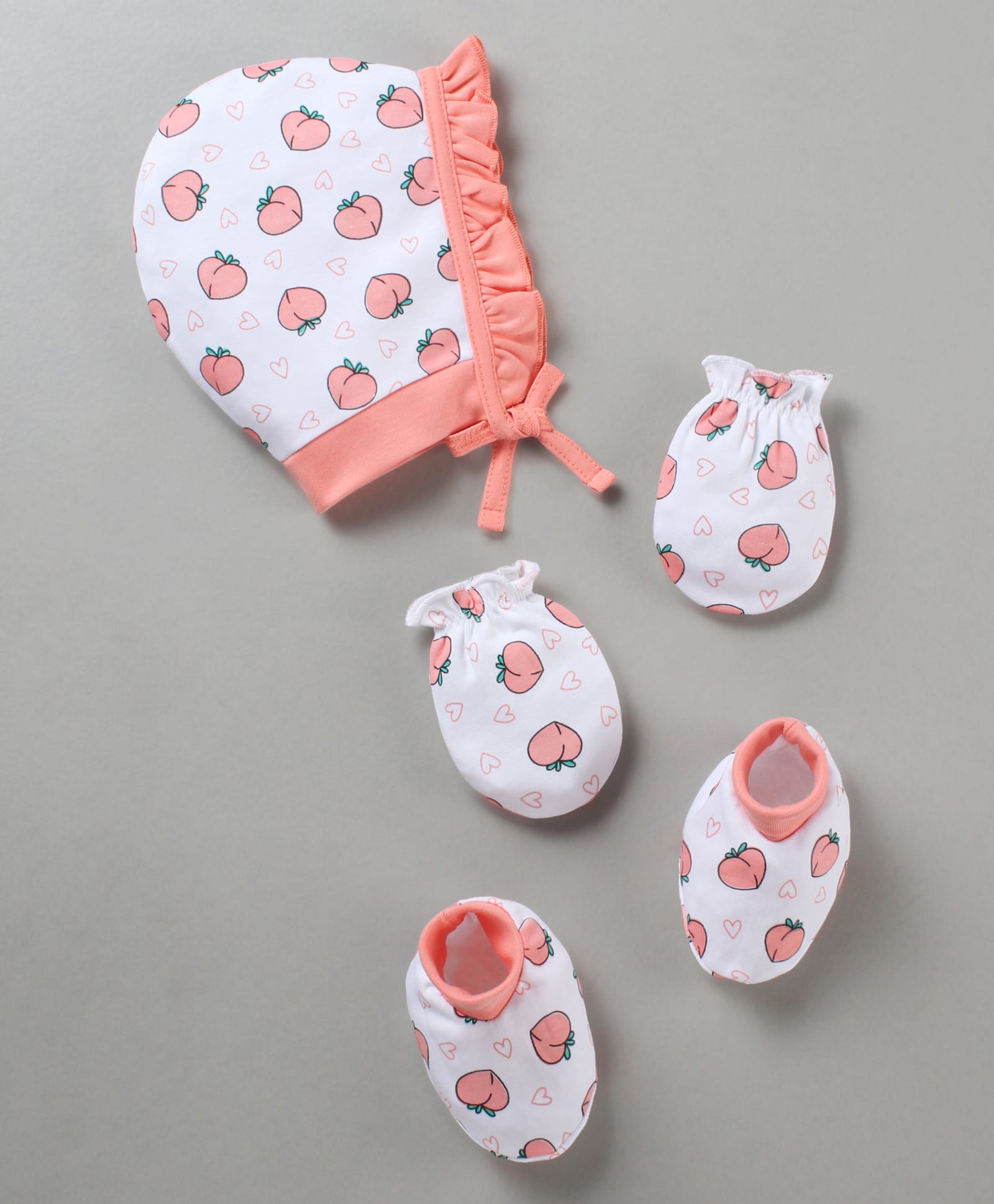 Babyhug 100% Cotton Cap Mitten Booties Set Peach Print - Peach