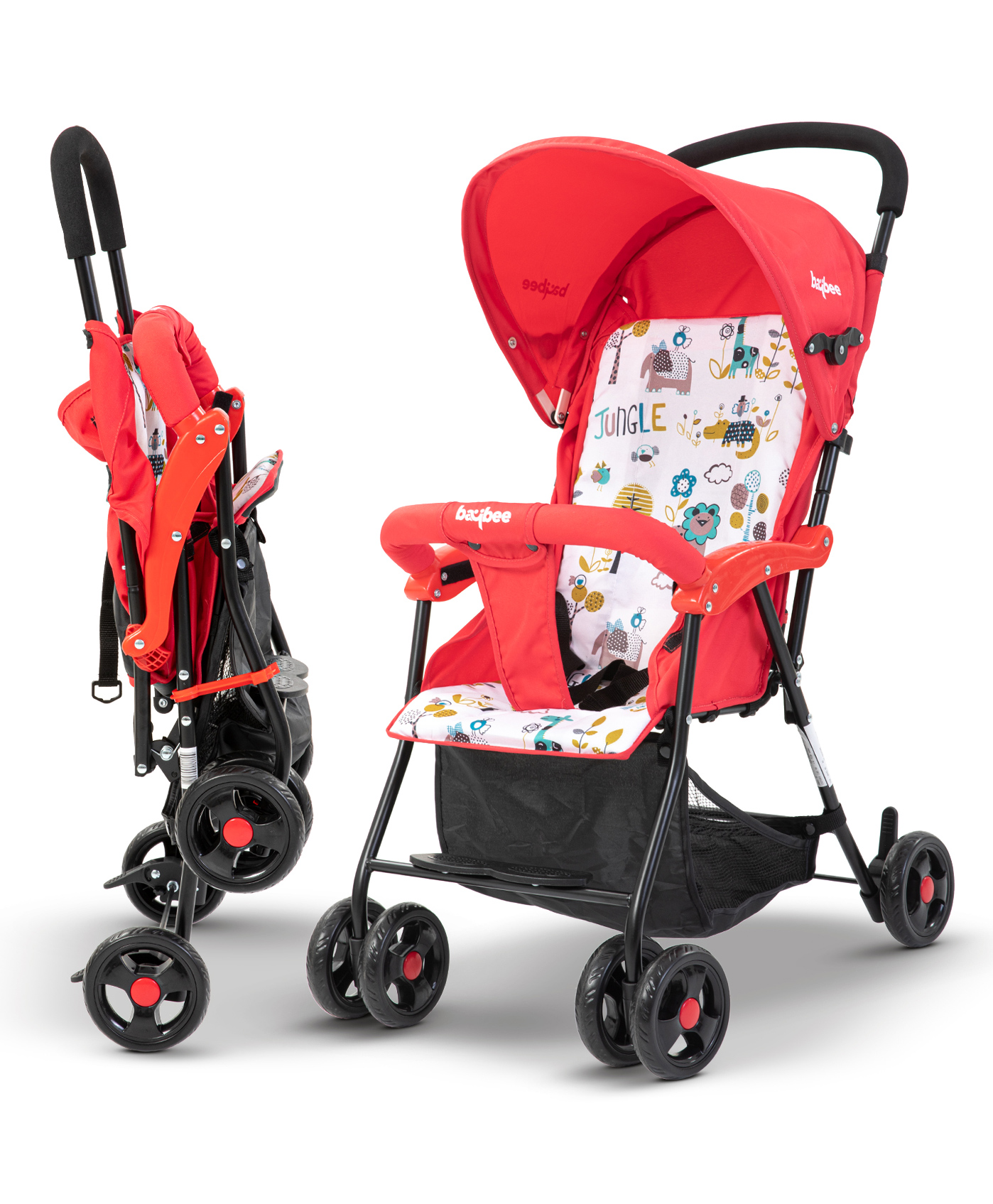 Baybee Tiny Baby Stroller Pram for Baby, Foldable Baby Trolley with 2-Position Adjustable, 3 Point Safety Belt, Baby Pram Stroller for Kids with Canopy & Parent Handle - Red-image-42