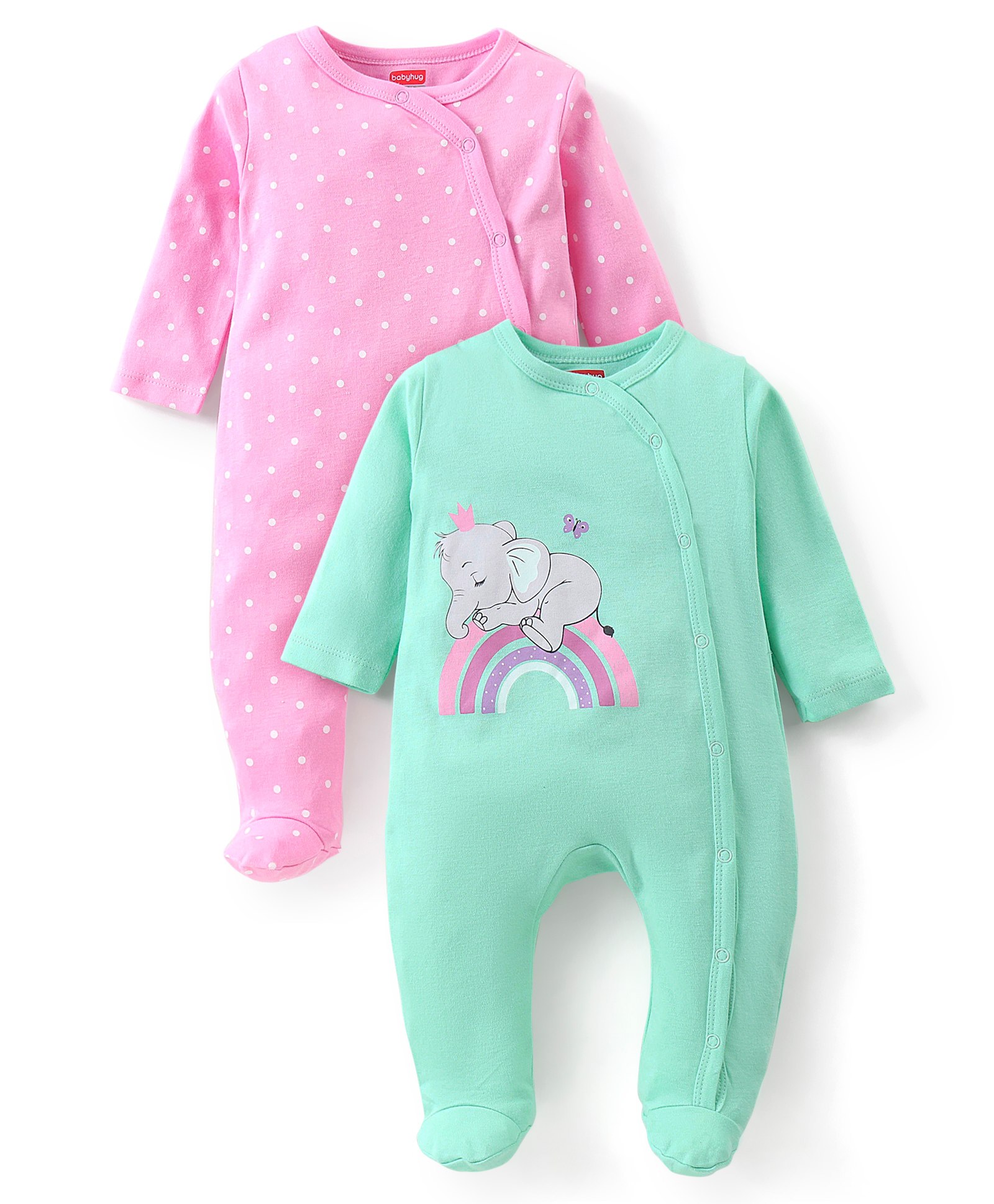 Babyhug Cotton Knit  Full Sleeves Elephant & Polka Dots Printed Footed Sleepsuits Pack of 2 - Green & Pink-image-38